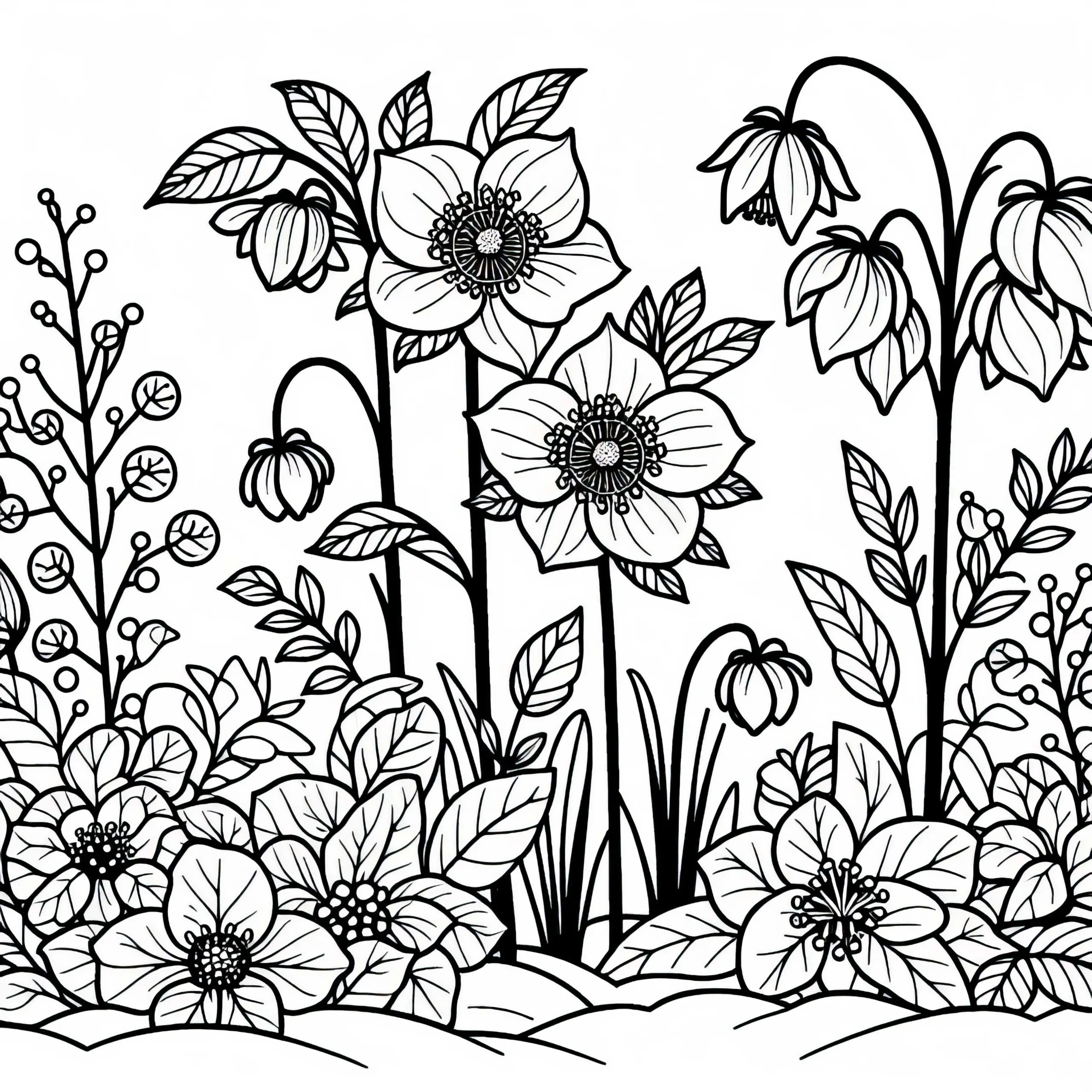 Christrosenbeet im Garten im Winter als Ausmalbild für Winterblumen kostenlos herunterladen