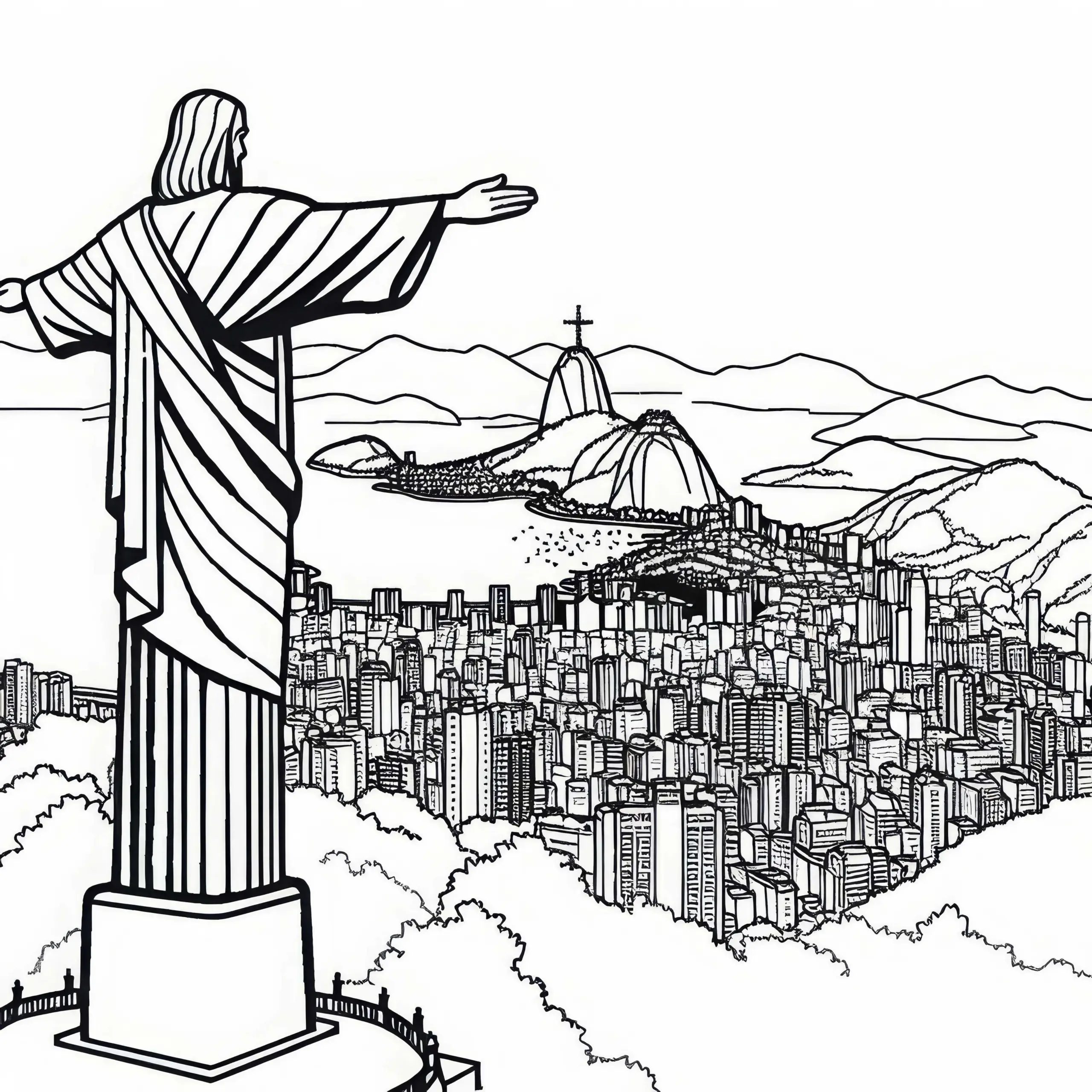 Christusstatue auf dem Corcovado in Brasilien mit Stadtblick – Ausmalbild Südamerika kostenlos