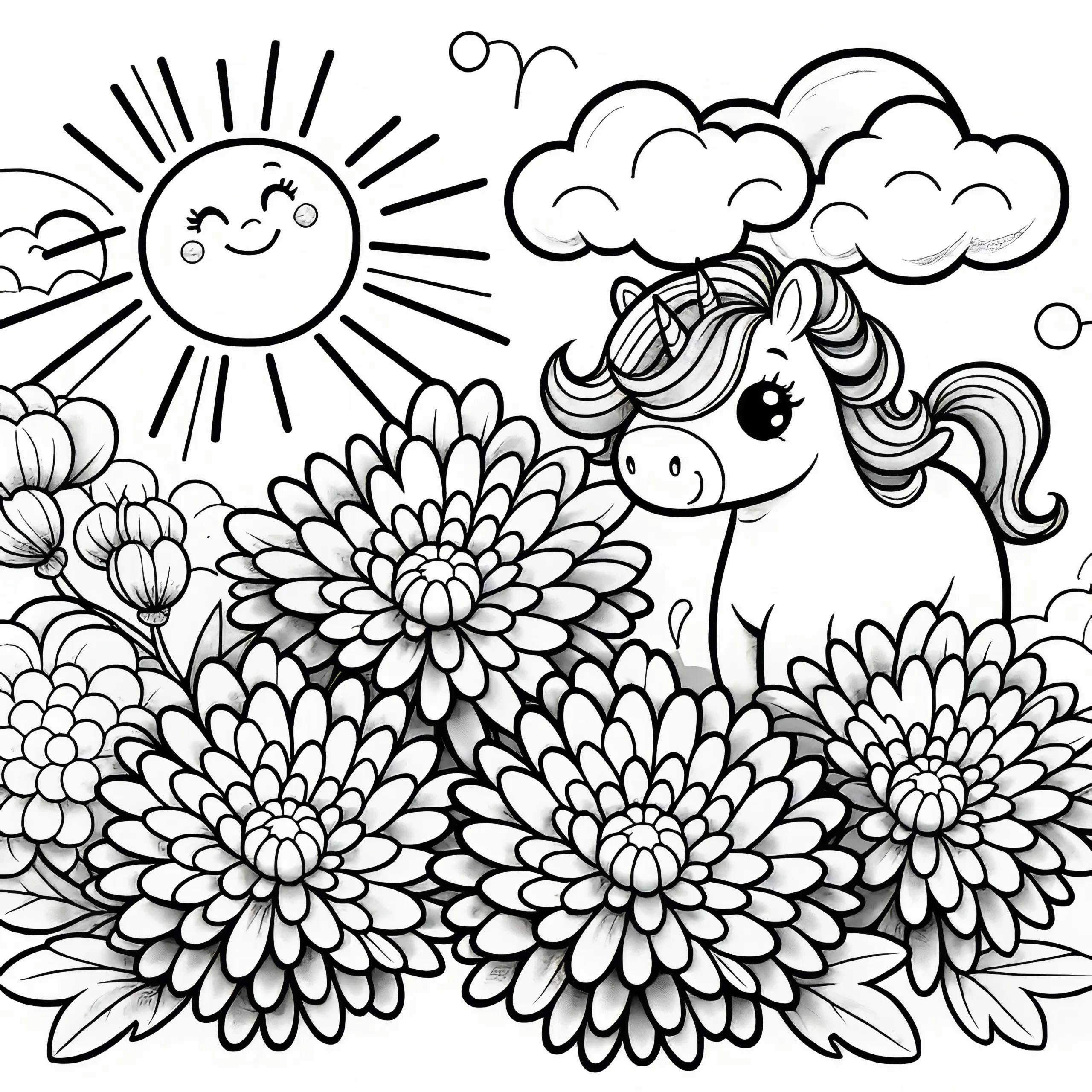 Chrysanthemen Blüten mit Einhorn: Malvorlage für Kinder (Kostenlos) (Ausmalbild)