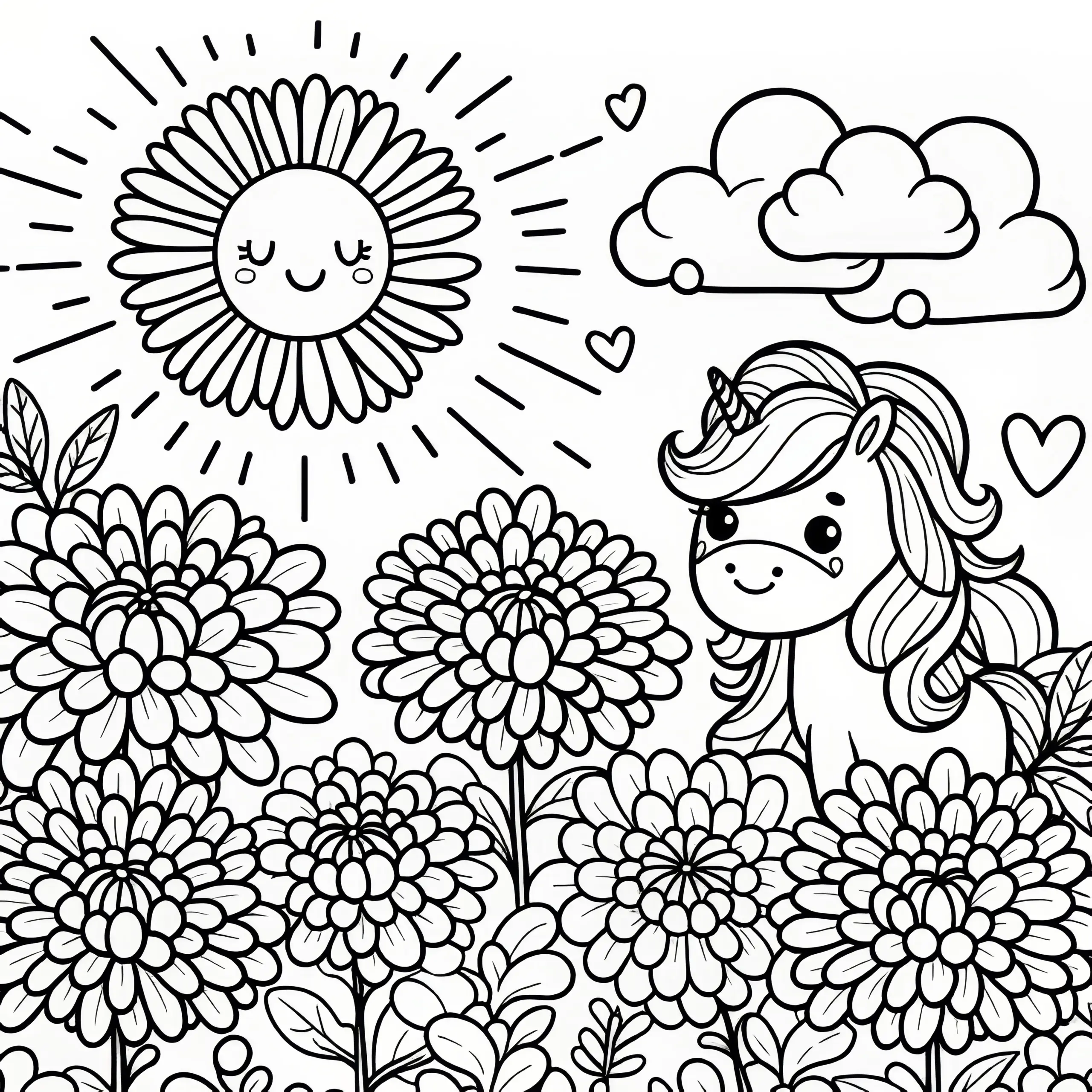 Chrysanthemen Blüten und Einhorn mit Sonne: Kostenlose Malvorlage (Ausmalbild)