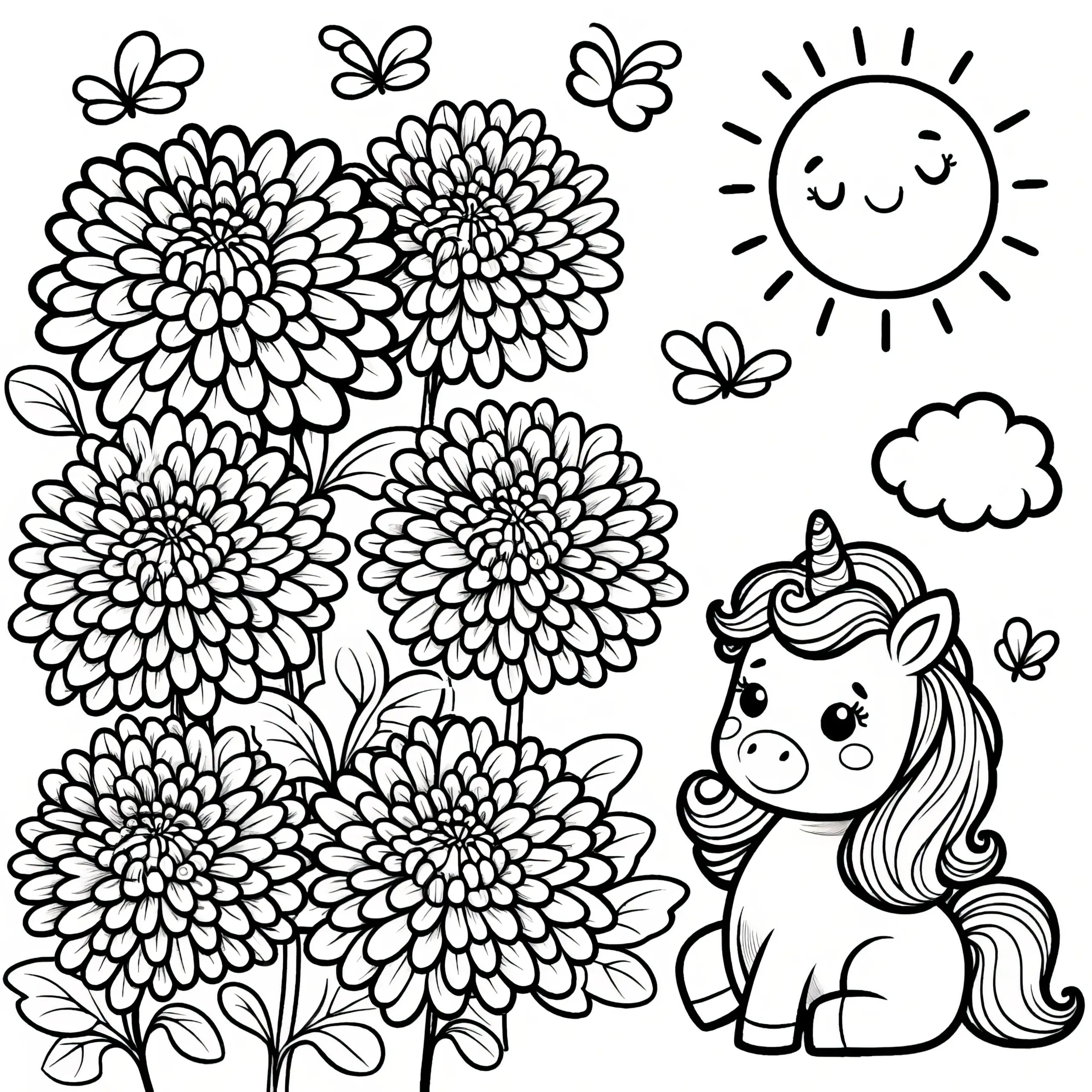 Chrysanthemen Blumen, Sonnenschein und Einhorn: Kostenlose Malvorlage (Ausmalbild)