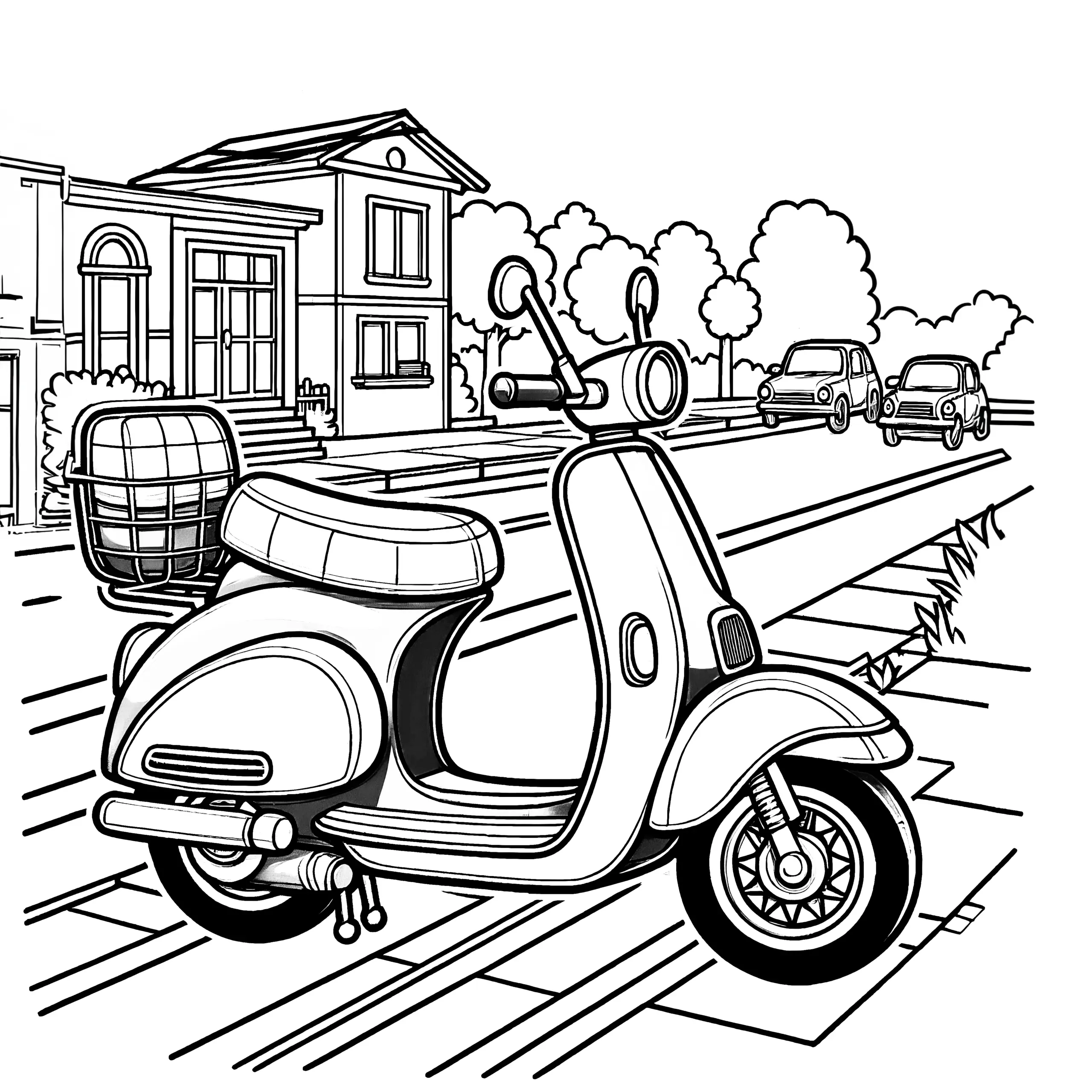City-Motorroller auf Parkplatz am Straßenrand: Kostenlose Malvorlage (Ausmalbild)