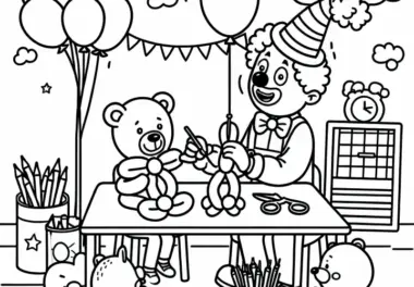 Clown formt Ballontiere – Ausmalbild einfach und gratis