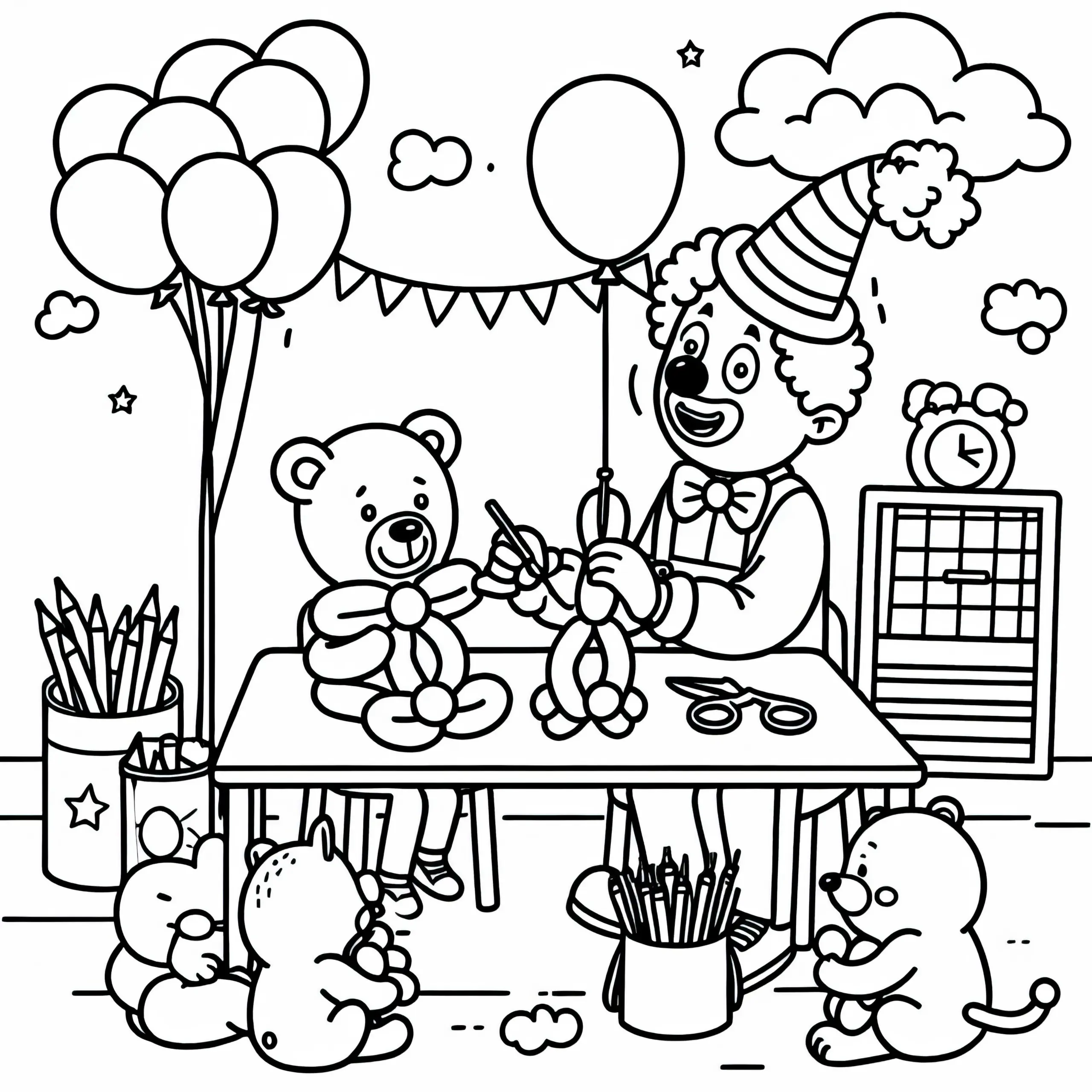 Clown formt Ballontiere – Ausmalbild einfach und gratis