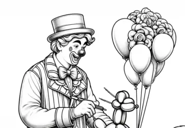 Clown formt Ballontiere für Kinder – Malvorlage detailreich kostenlos