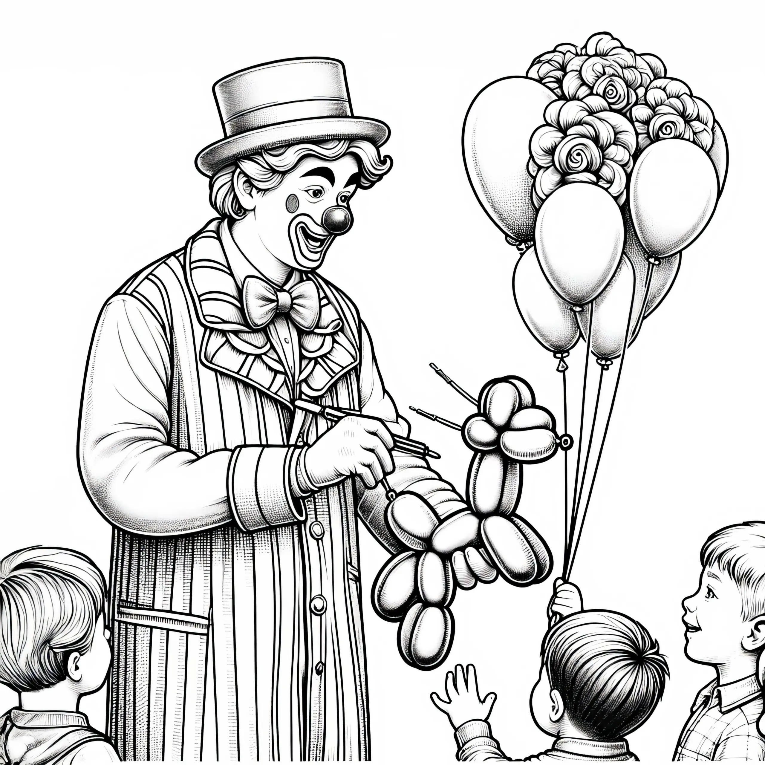 Clown formt Ballontiere für Kinder – Malvorlage detailreich kostenlos (Ausmalbild)