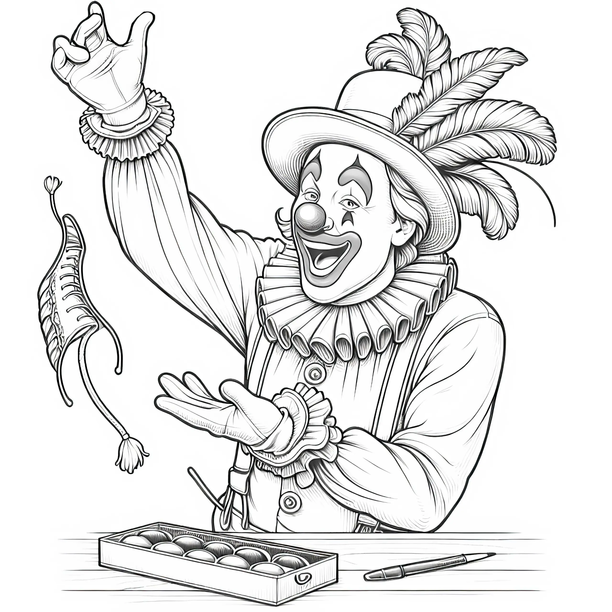 Clown führt Pantomime mit lustigen Gesten vor – Malvorlage detailreich kostenlos (Ausmalbild)