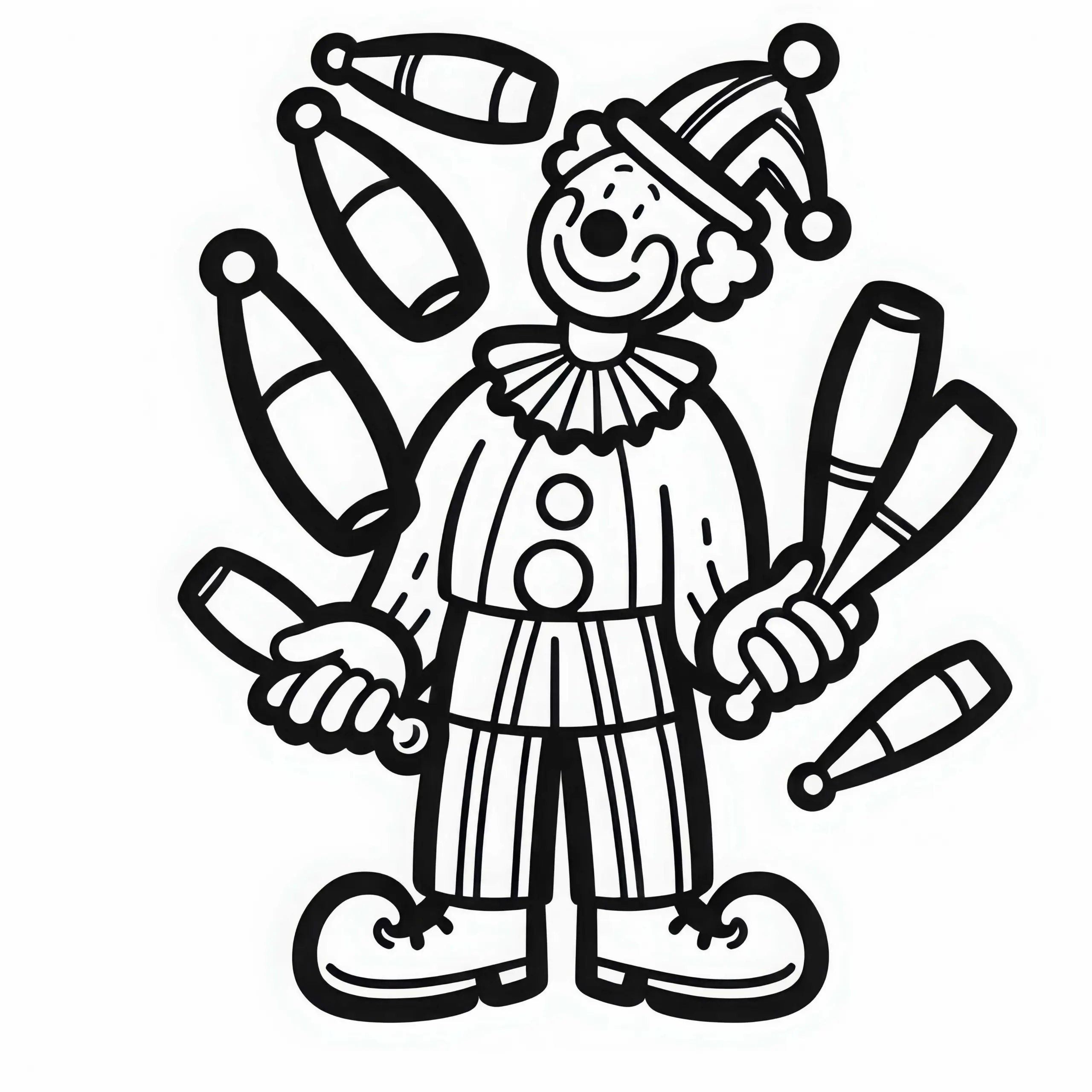 Ein Clown jongliert mit Keulen – Ausmalbild einfach und gratis