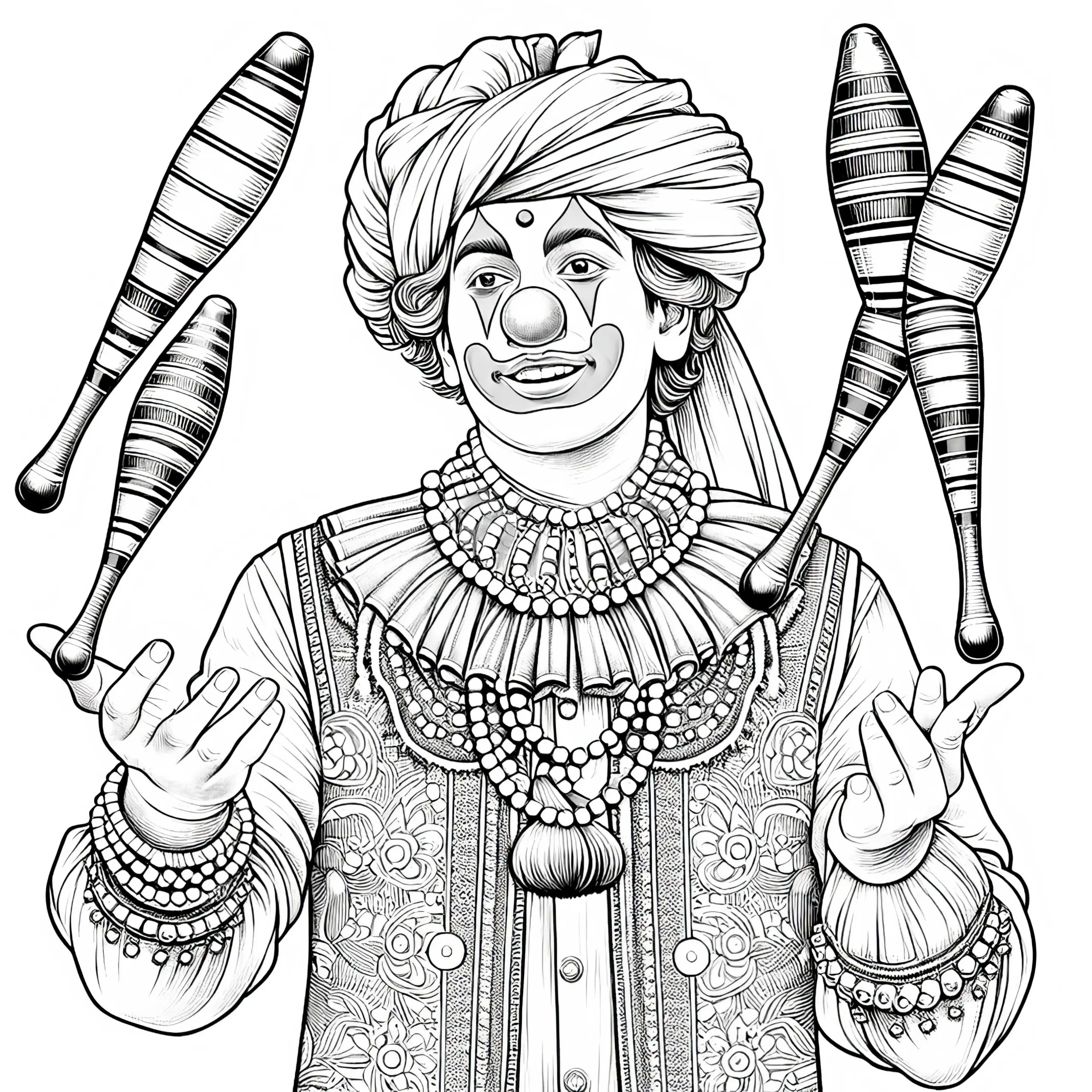 Clown jongliert mit Keulen – Malvorlage detailreich gratis (Ausmalbild)