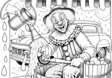 Clown macht Späße mit Wassereimer – Malvorlage in detailreicher Qualität kostenlos