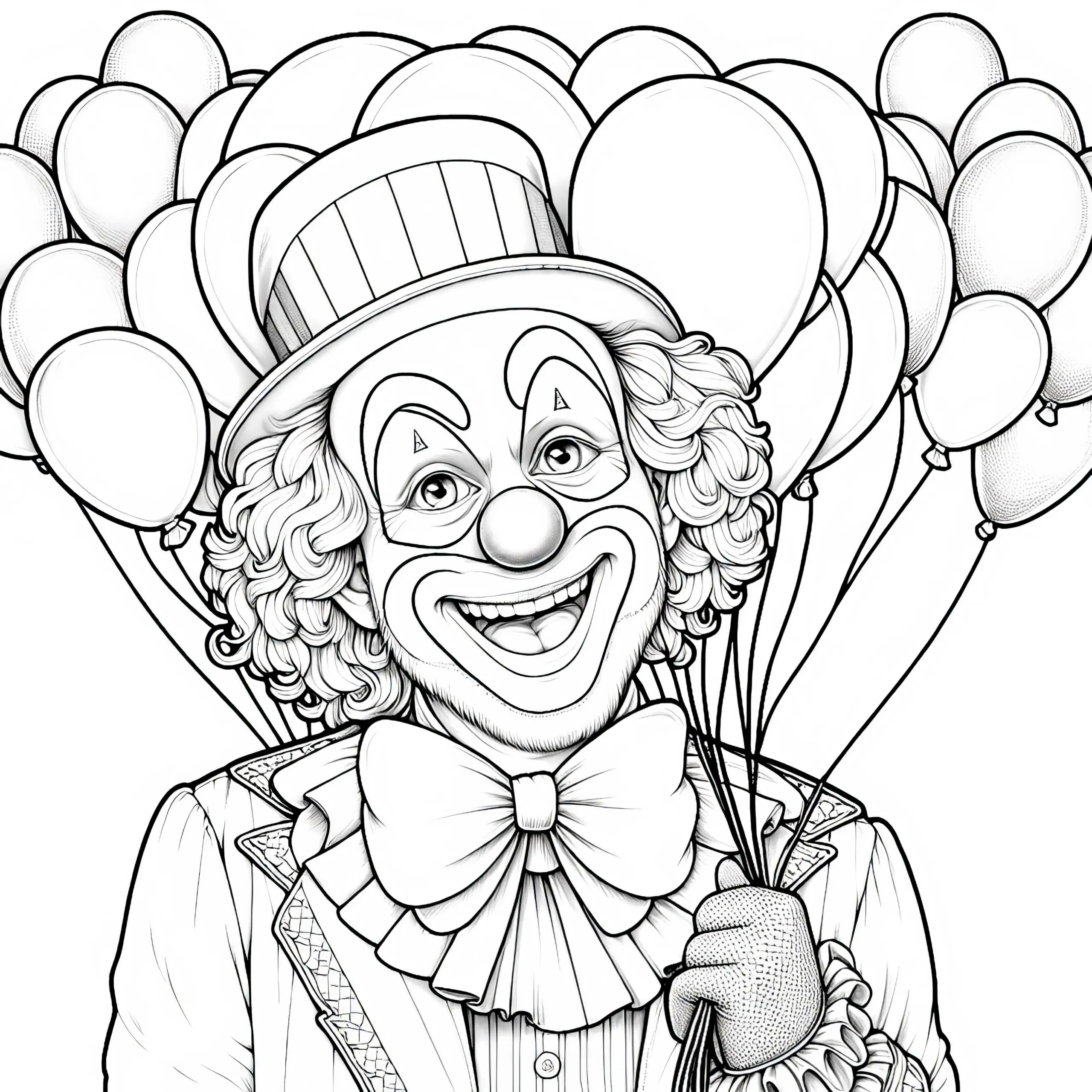 Clown mit Luftballons – detailreiche Malvorlage kostenlos (Ausmalbild)