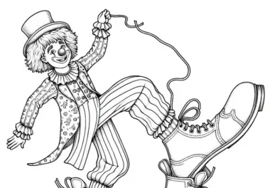 Clown tanzt mit übergroßen Schuhen – Malvorlage detailreich kostenlos