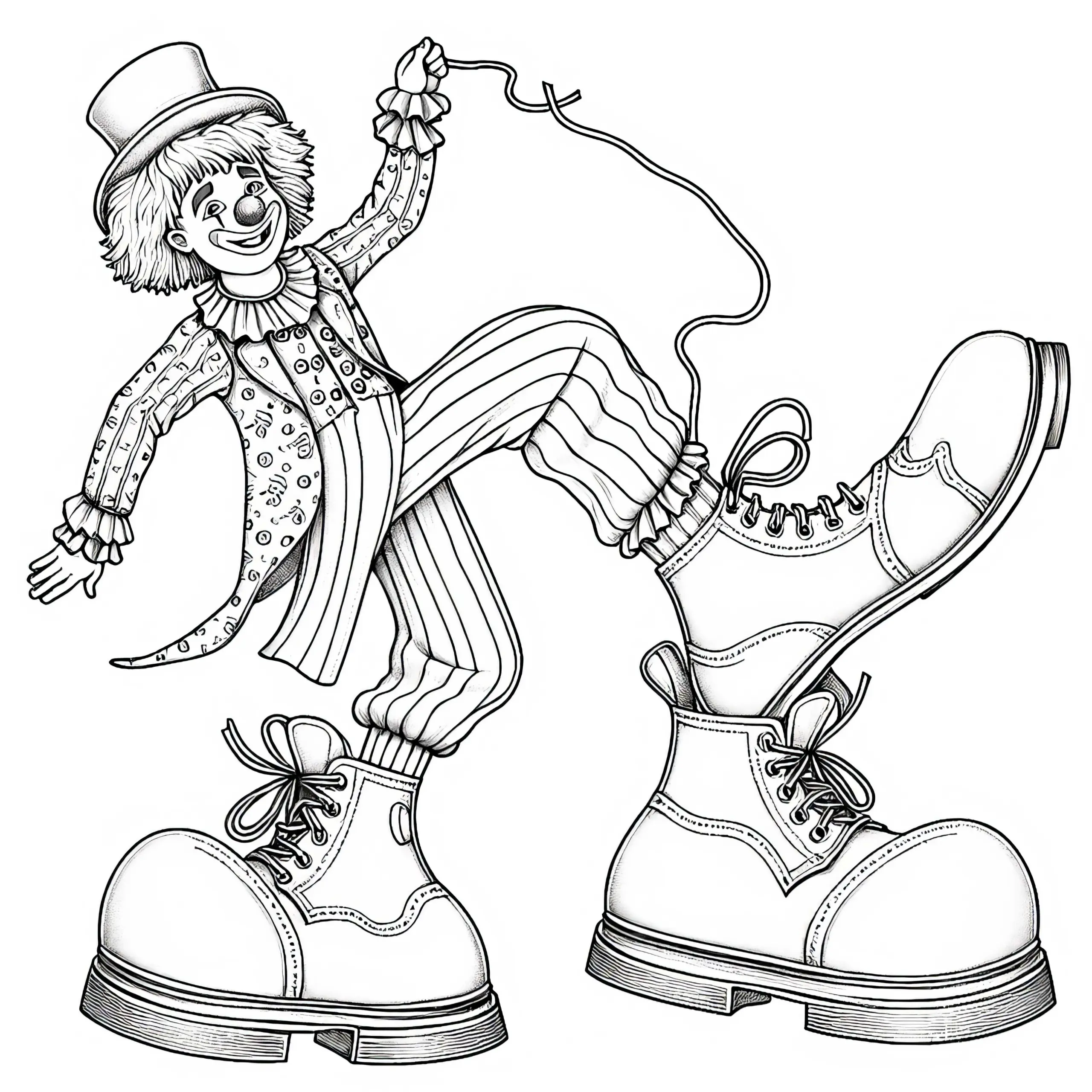 Clown tanzt mit übergroßen Schuhen – Malvorlage detailreich kostenlos (Ausmalbild)