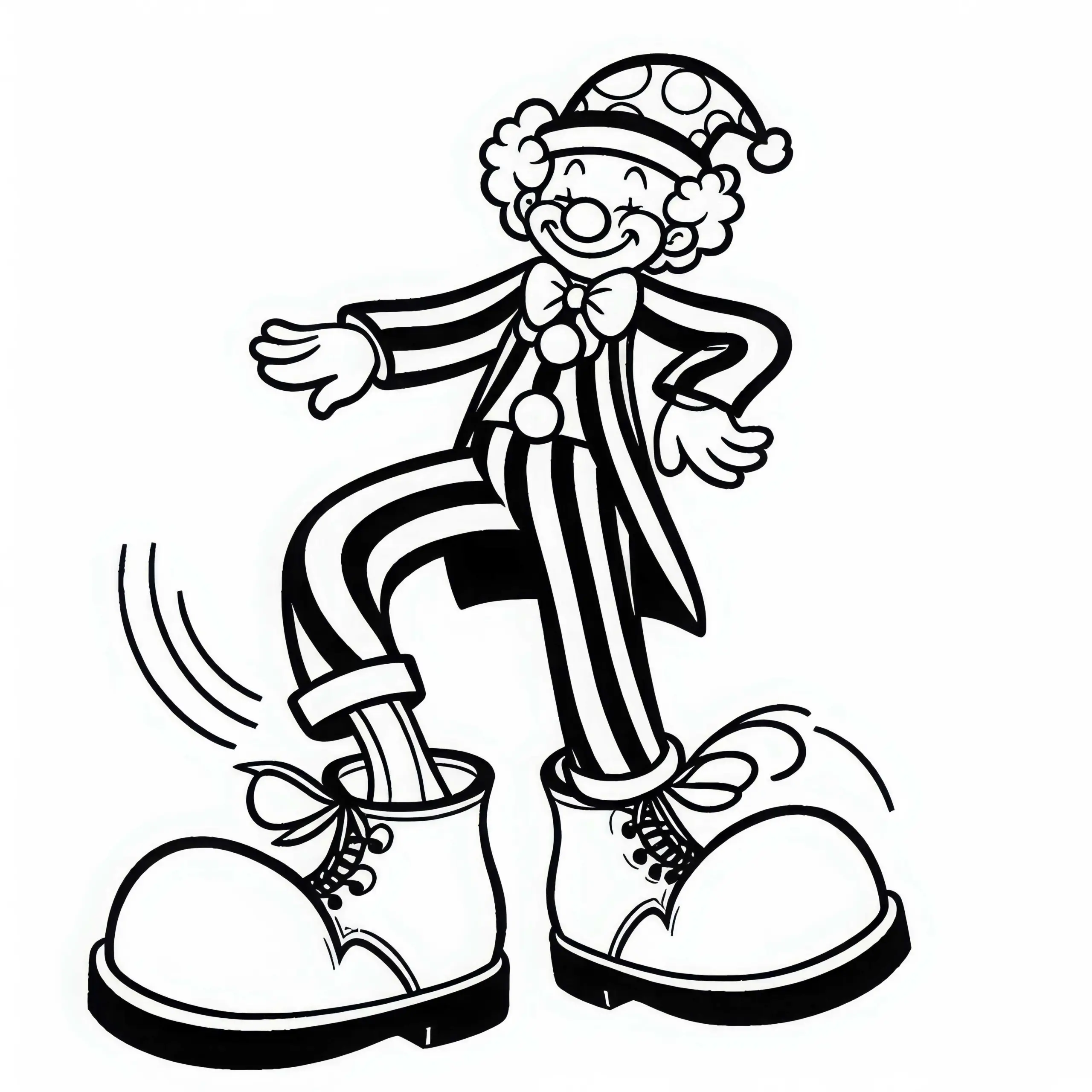 Clown tanzt mit übergroßen Schuhen – Malvorlage einfach und gratis (Ausmalbild)