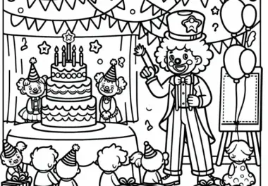 Clown tritt auf Kindergeburtstagsparty – Ausmalbild einfach kostenlos