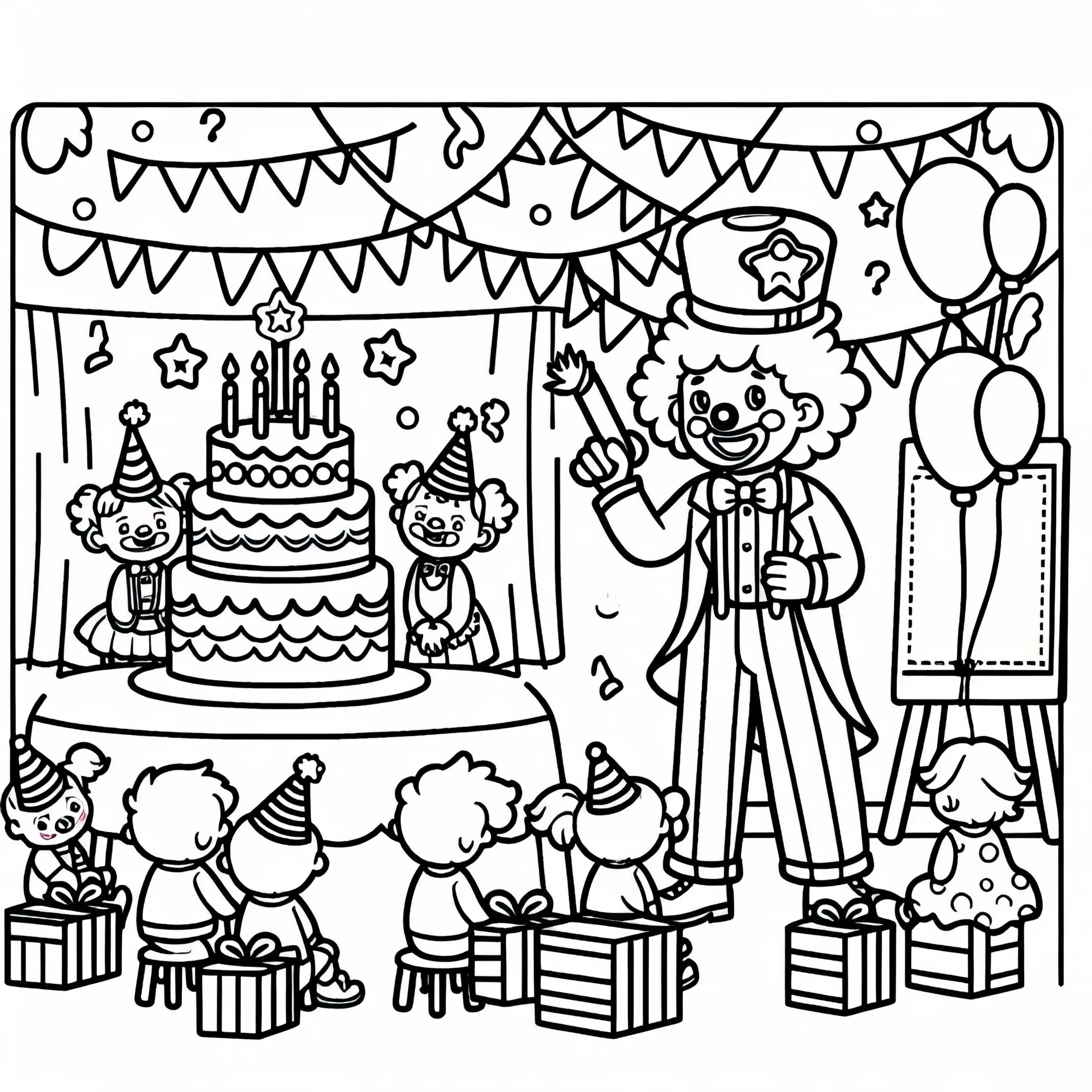 Clown tritt auf Kindergeburtstagsparty – Ausmalbild einfach kostenlos