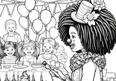 Clown tritt auf Kindergeburtstagsparty auf Ausmalbild – detailreich und gratis