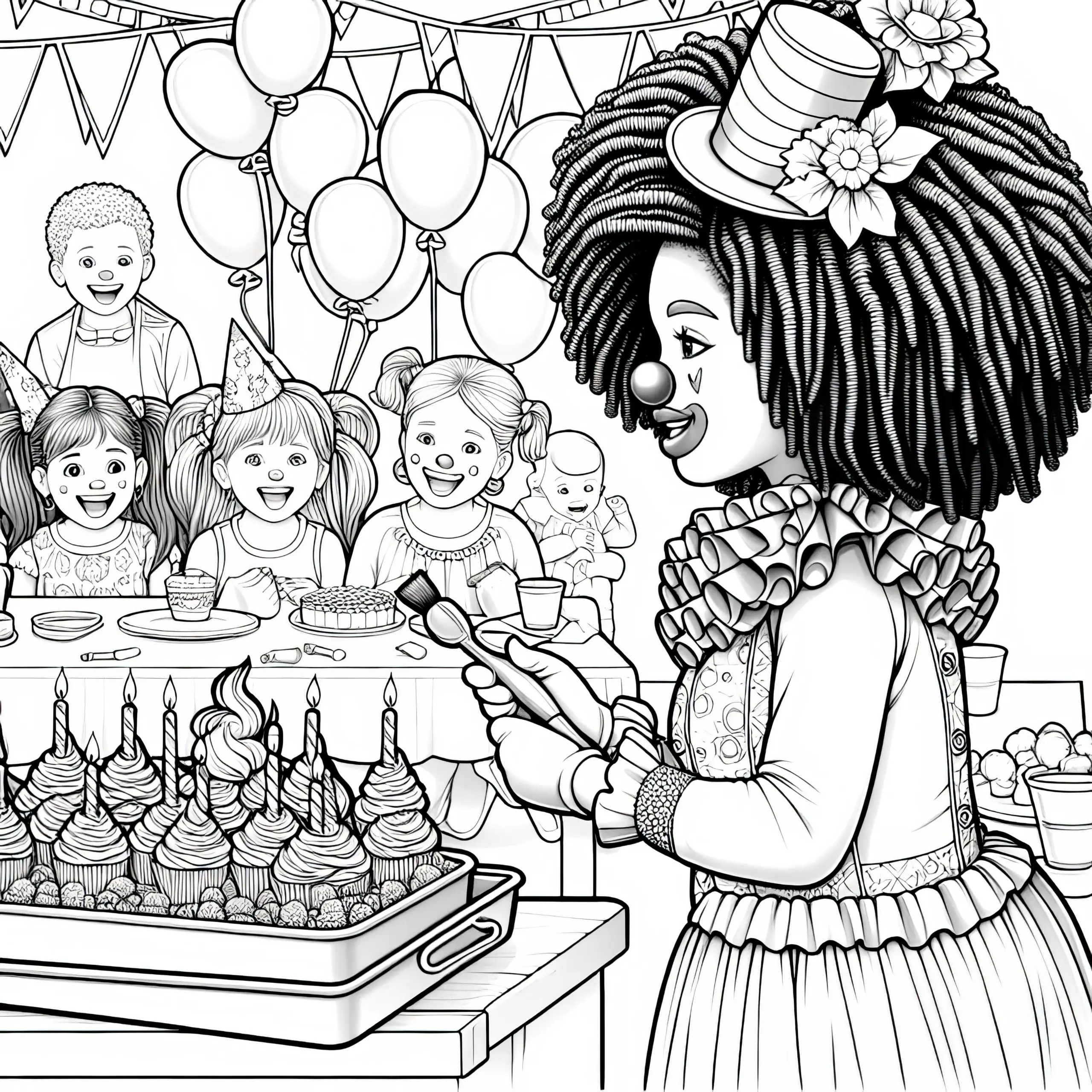 Clown tritt auf Kindergeburtstagsparty auf Ausmalbild – detailreich und gratis