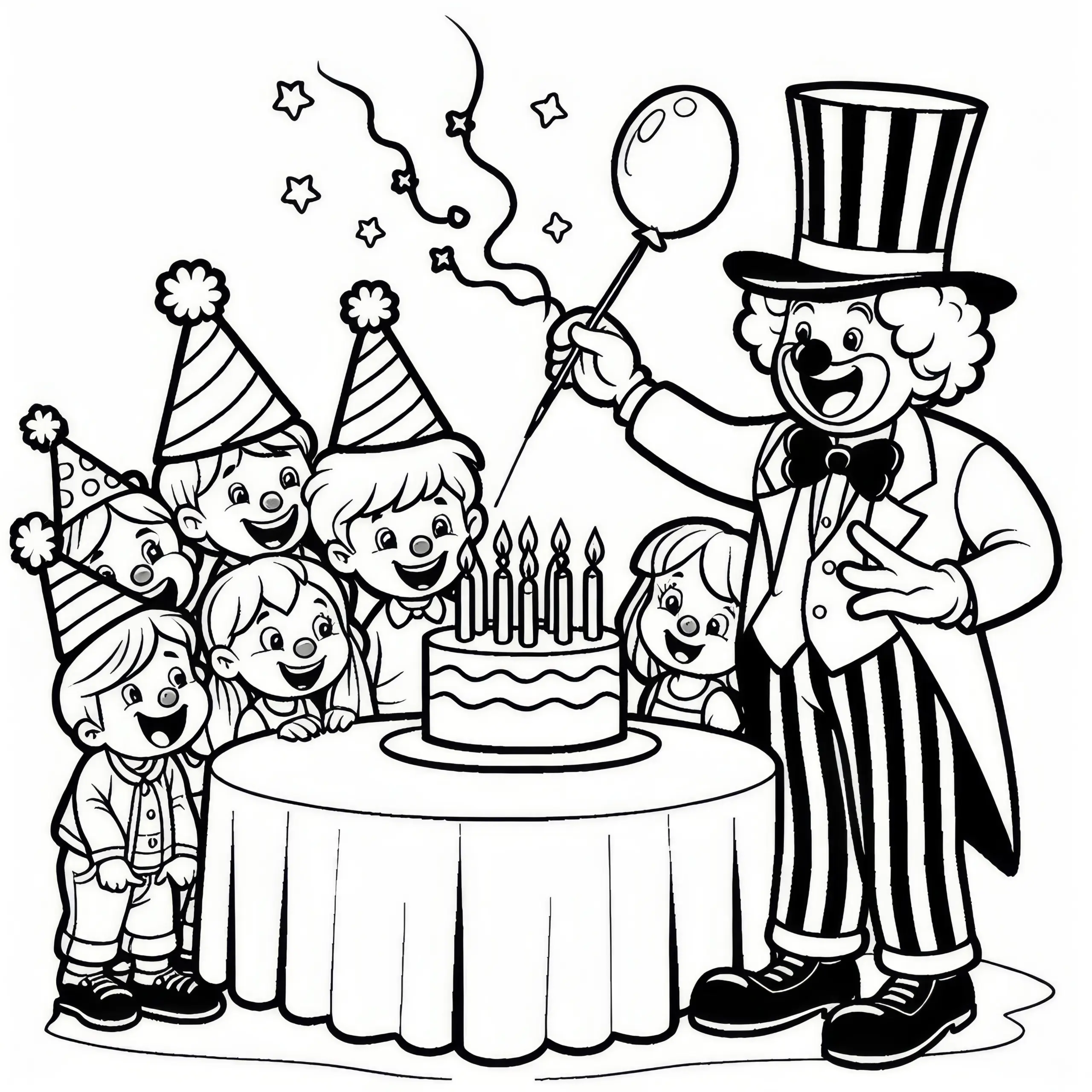 Clown unterhält Geburtstagsgruppe mit Tricks: Kostenlose Malvorlage (Ausmalbild)
