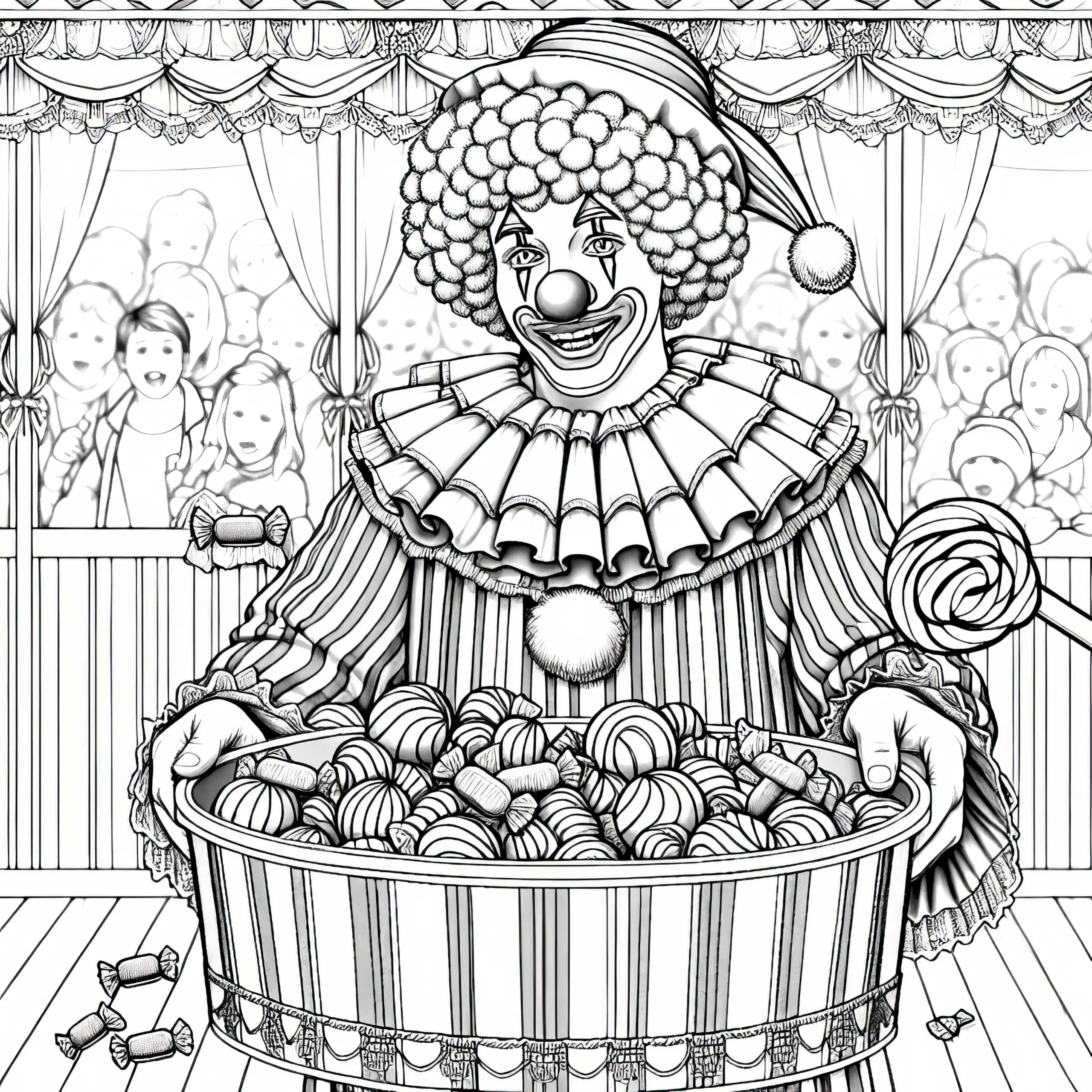 Clown verteilt Bonbons Ausmalbild kostenlos zum Download