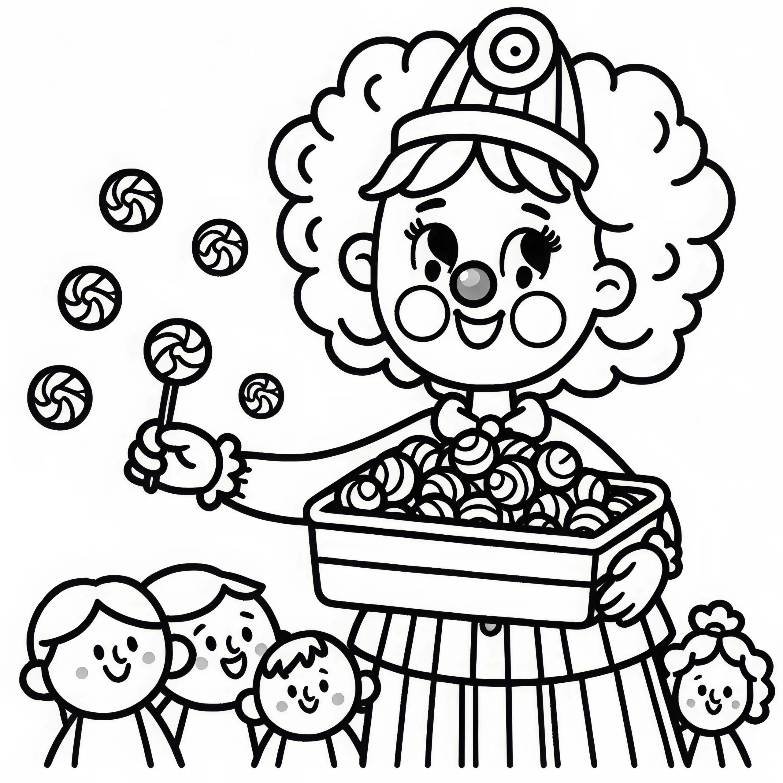 Clown verteilt Bonbons: Ausmalbild einfach und gratis