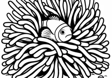 Clownfisch versteckt sich in Seeanemone – Malvorlage kostenlos