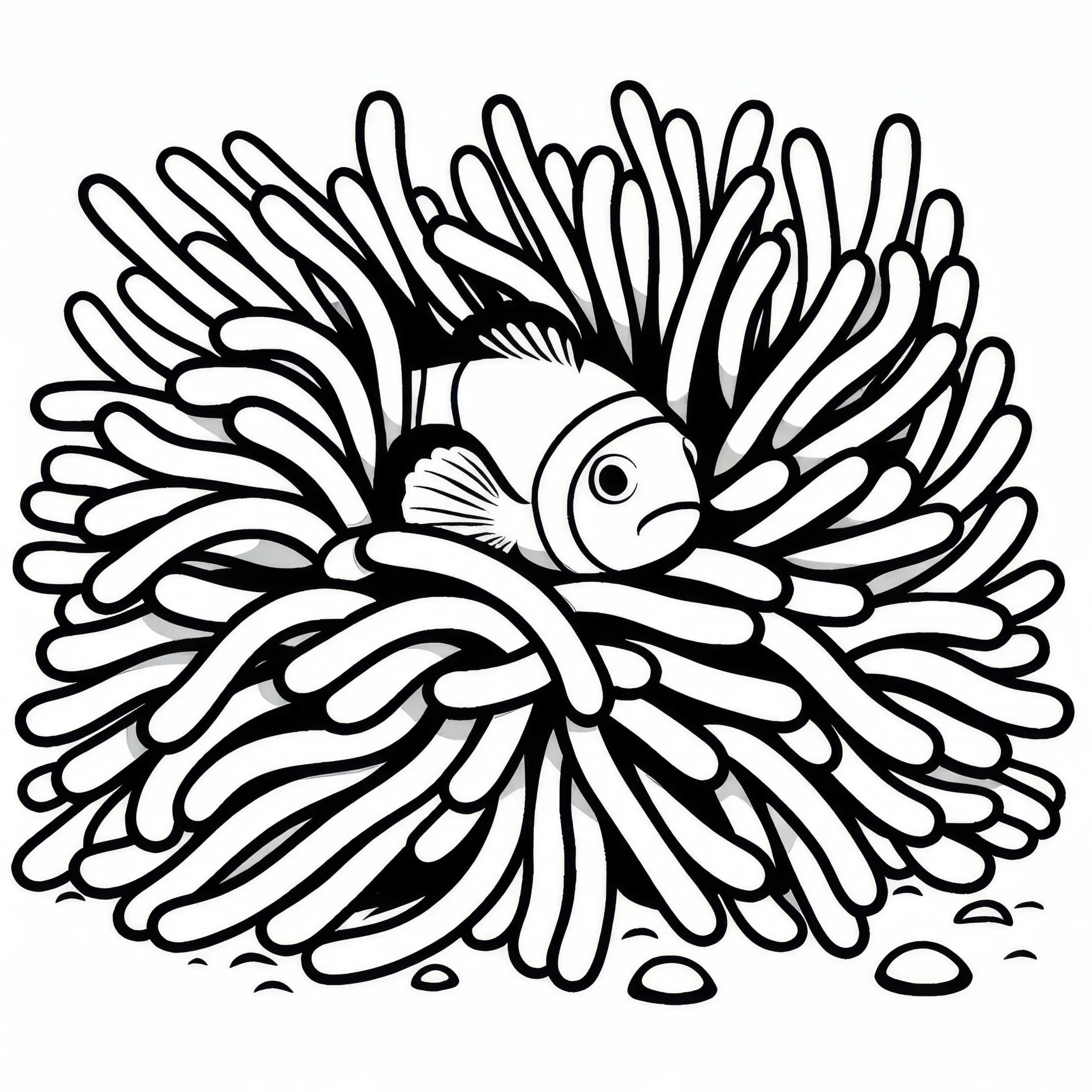 Clownfisch versteckt sich in Seeanemone – Malvorlage kostenlos (Ausmalbild)