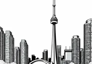 CN Tower Skyline in Toronto mit Kindern im Park – Ausmalbild Nordamerika kostenlos
