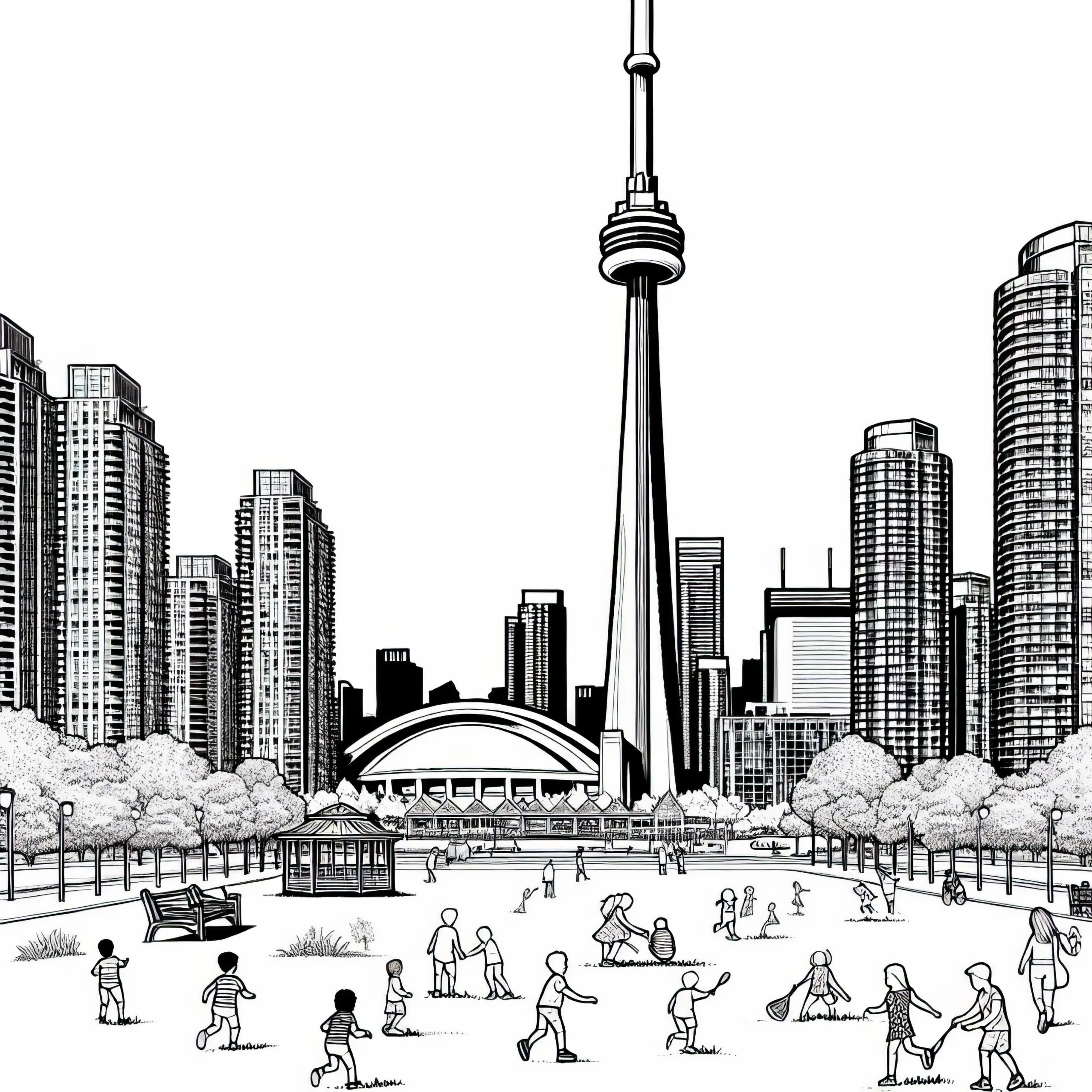 CN Tower Skyline in Toronto mit Kindern im Park – Ausmalbild Nordamerika kostenlos