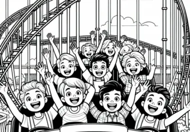 Coaster im Freizeitpark mit fröhlichen Kindern – Malvorlage für Jungs ab neun kostenlos