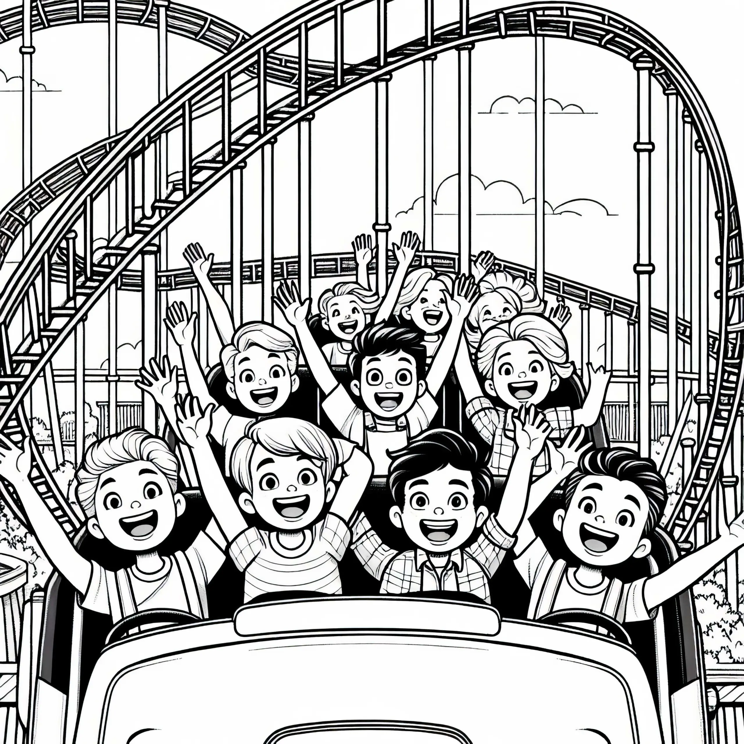 Coaster im Freizeitpark mit fröhlichen Kindern – Malvorlage für Jungs ab neun kostenlos (Ausmalbild)