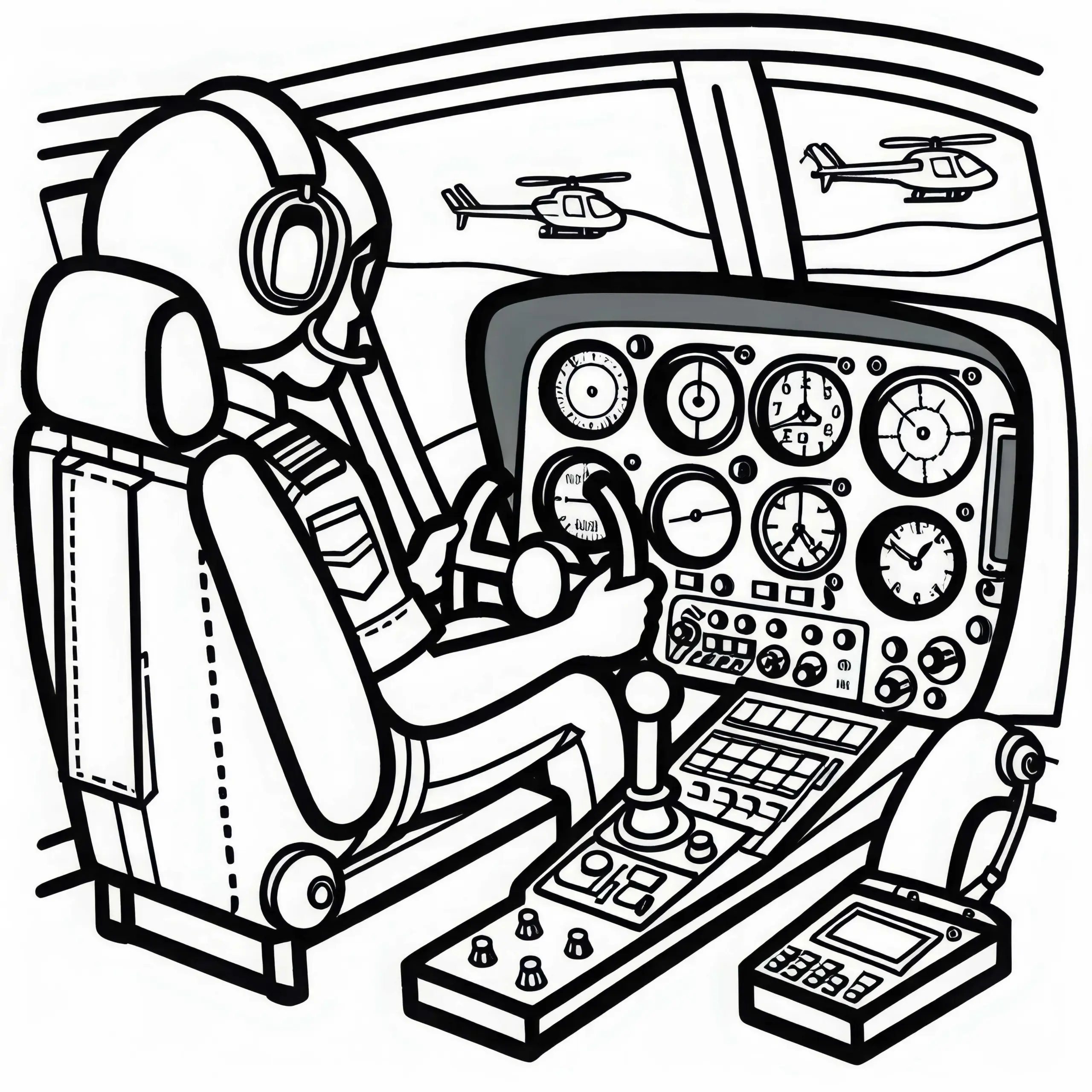 Cockpit eines Hubschraubers Malvorlage Kostenlos (Ausmalbild)