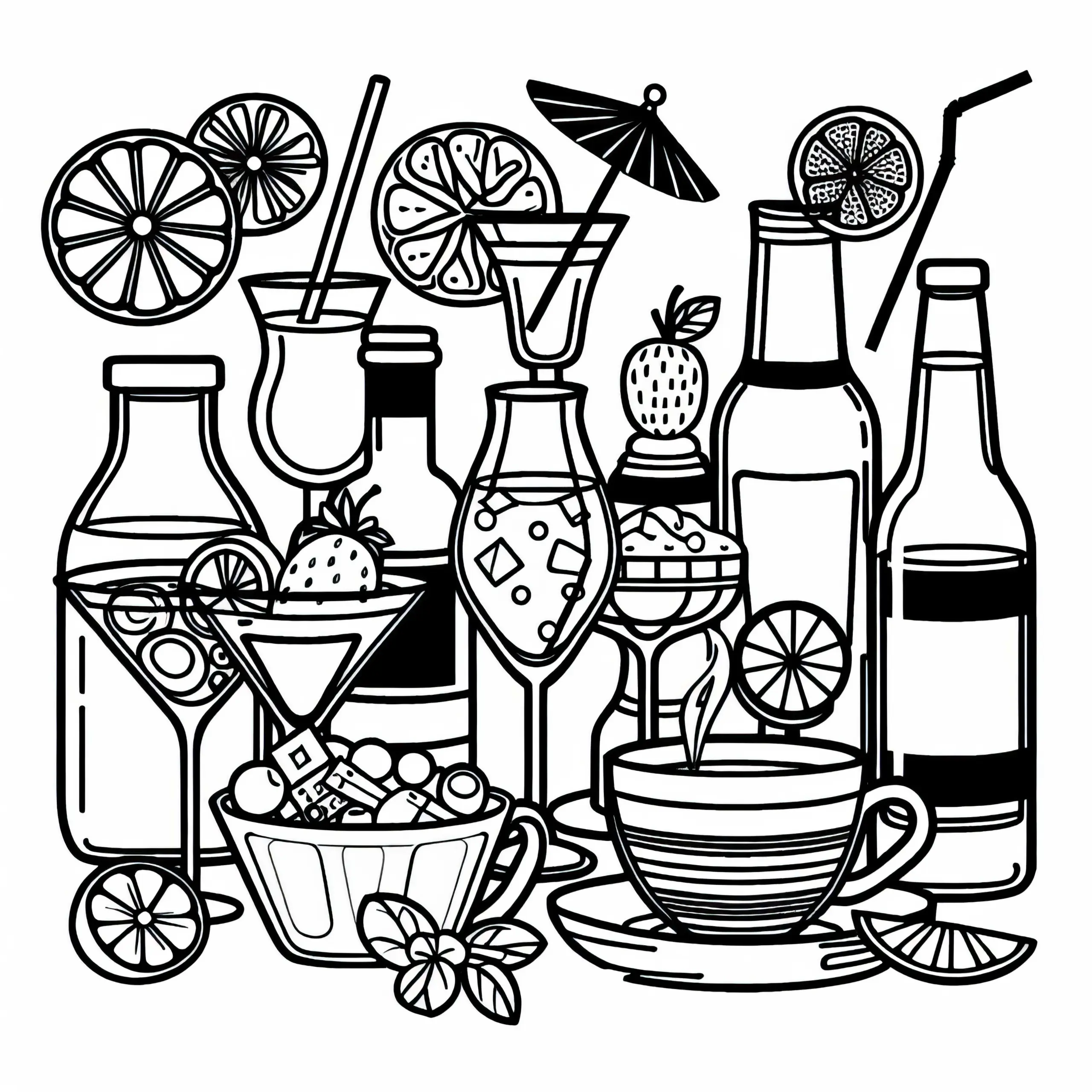 Cocktails als Getränke zum Essen – Malvorlage kostenlos (Ausmalbild)