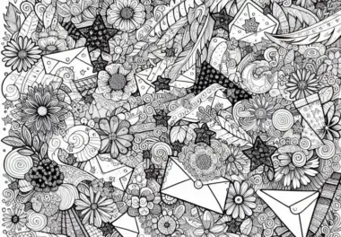 Collage-Stil mit Blumen und Briefumschlägen – Ausmalbild für Erwachsene gratis