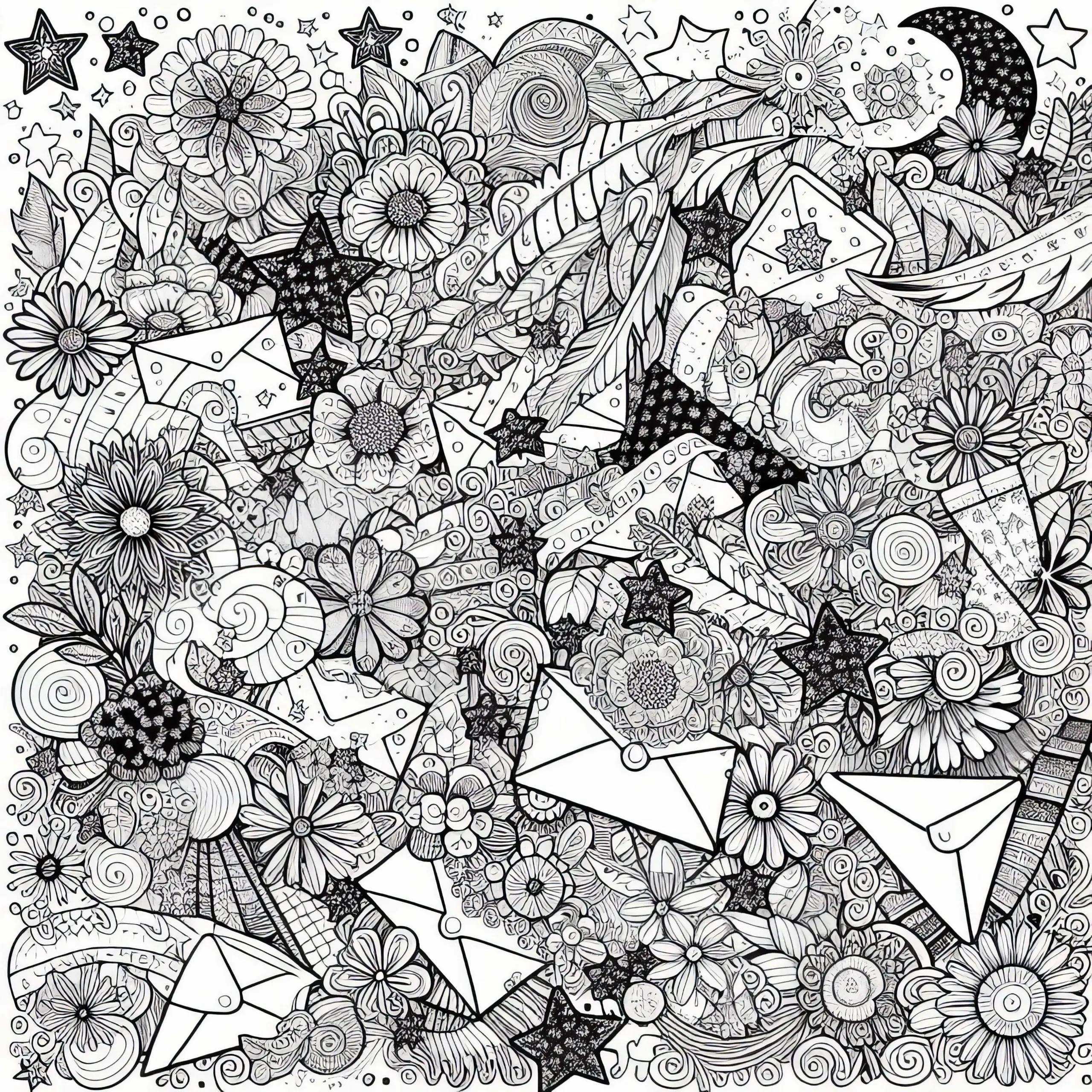 Collage-Stil mit Blumen und Briefumschlägen – Ausmalbild für Erwachsene gratis