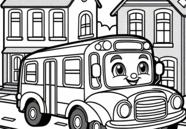 Comic-Bus mit freundlichem Gesicht auf Spielstraße – Malvorlage gratis