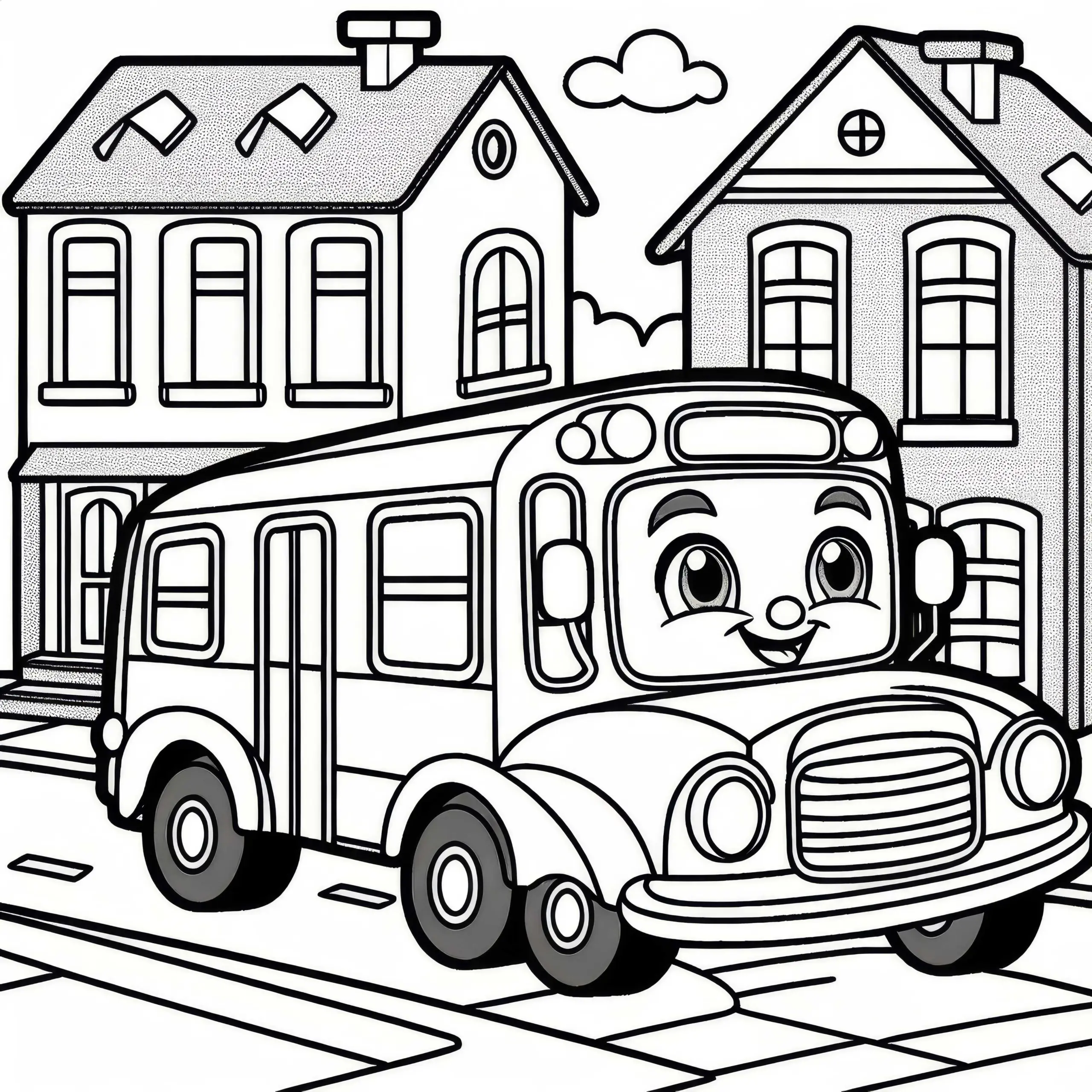Comic-Bus mit freundlichem Gesicht auf Spielstraße – Malvorlage gratis (Ausmalbild)
