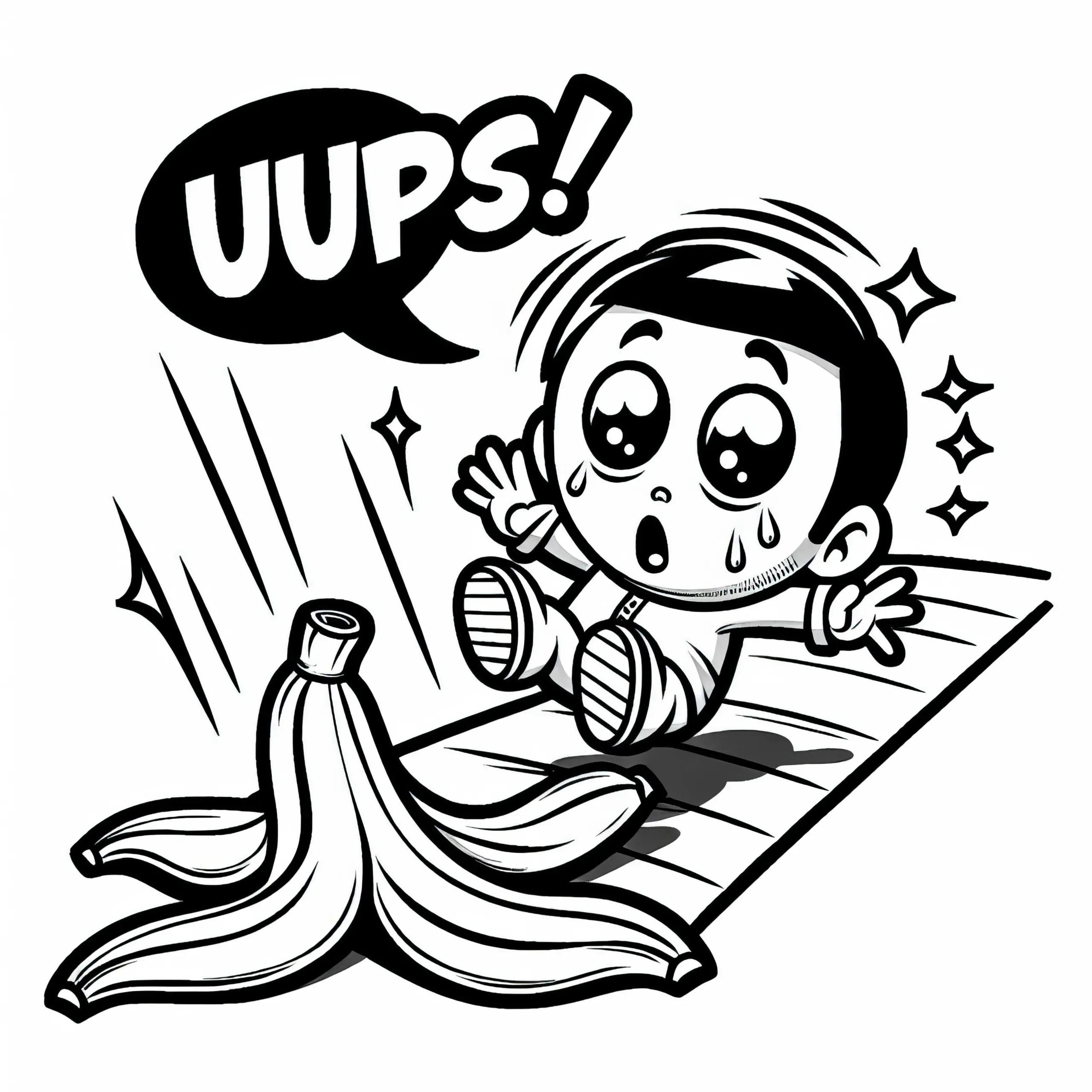Comic Figur Rutscht Auf Bananenschale Aus – Malvorlage Gratis (Ausmalbild)