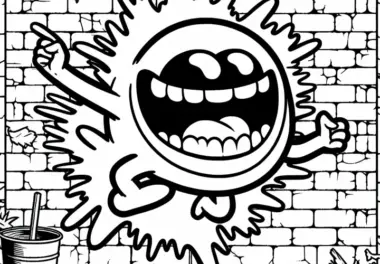 Comic-Graffiti mit lachendem Monster, das aus einer Mauer springt – Malvorlage gratis
