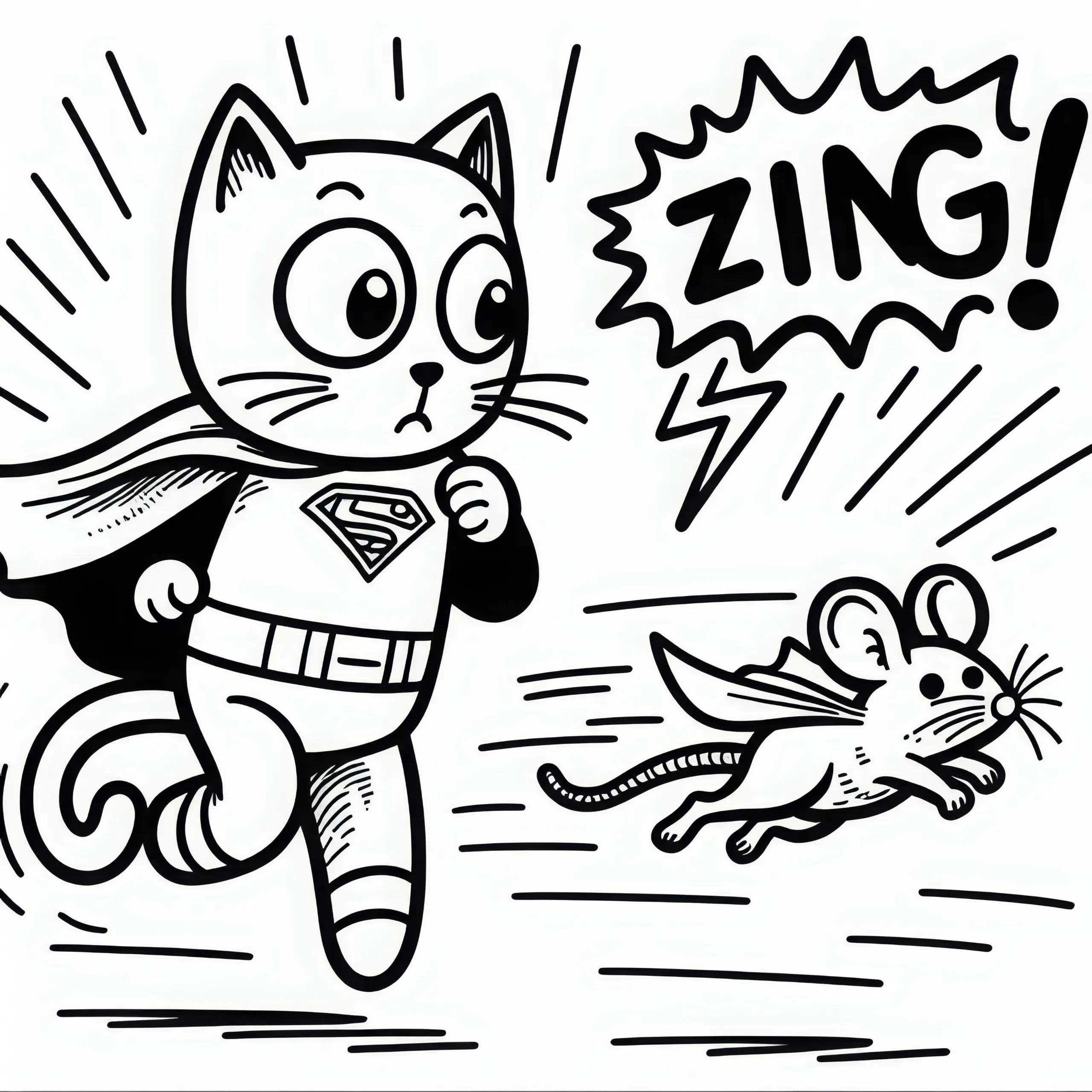 Comic-Kater Verfolgt Fliegende Maus Mit Umhang Malvorlage Gratis (Ausmalbild)