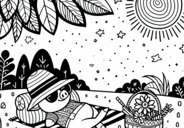 Comic Schwein mit Strohhut und Sonnenbrille auf Picknickdecke – Malvorlage Gratis