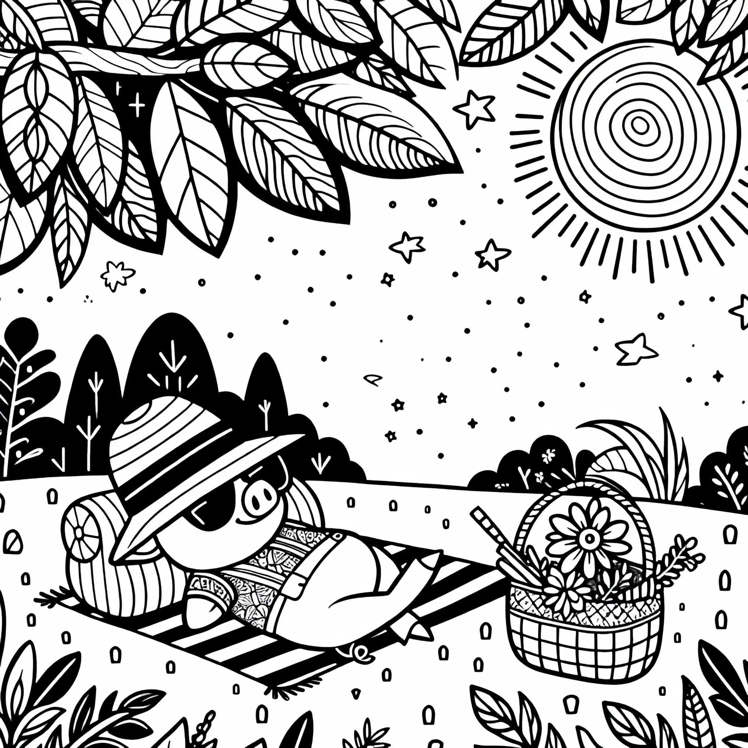 Comic Schwein mit Strohhut und Sonnenbrille auf Picknickdecke – Malvorlage Gratis (Ausmalbild)