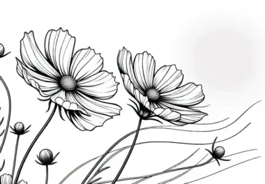 Cosmea-Blüten im Wind – Ausmalbild für Sommerblumen kostenlos