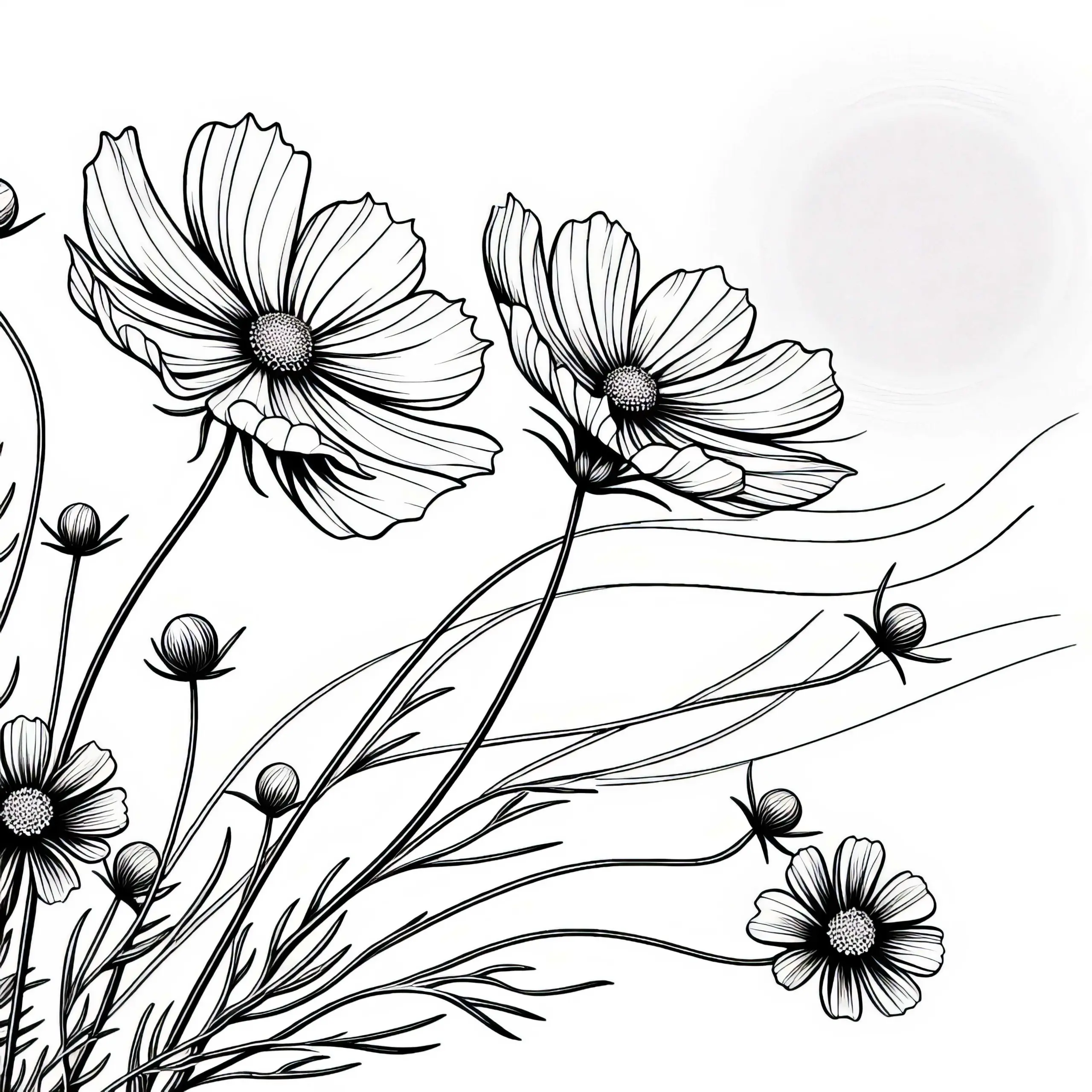 Cosmea-Blüten im Wind – Ausmalbild für Sommerblumen kostenlos