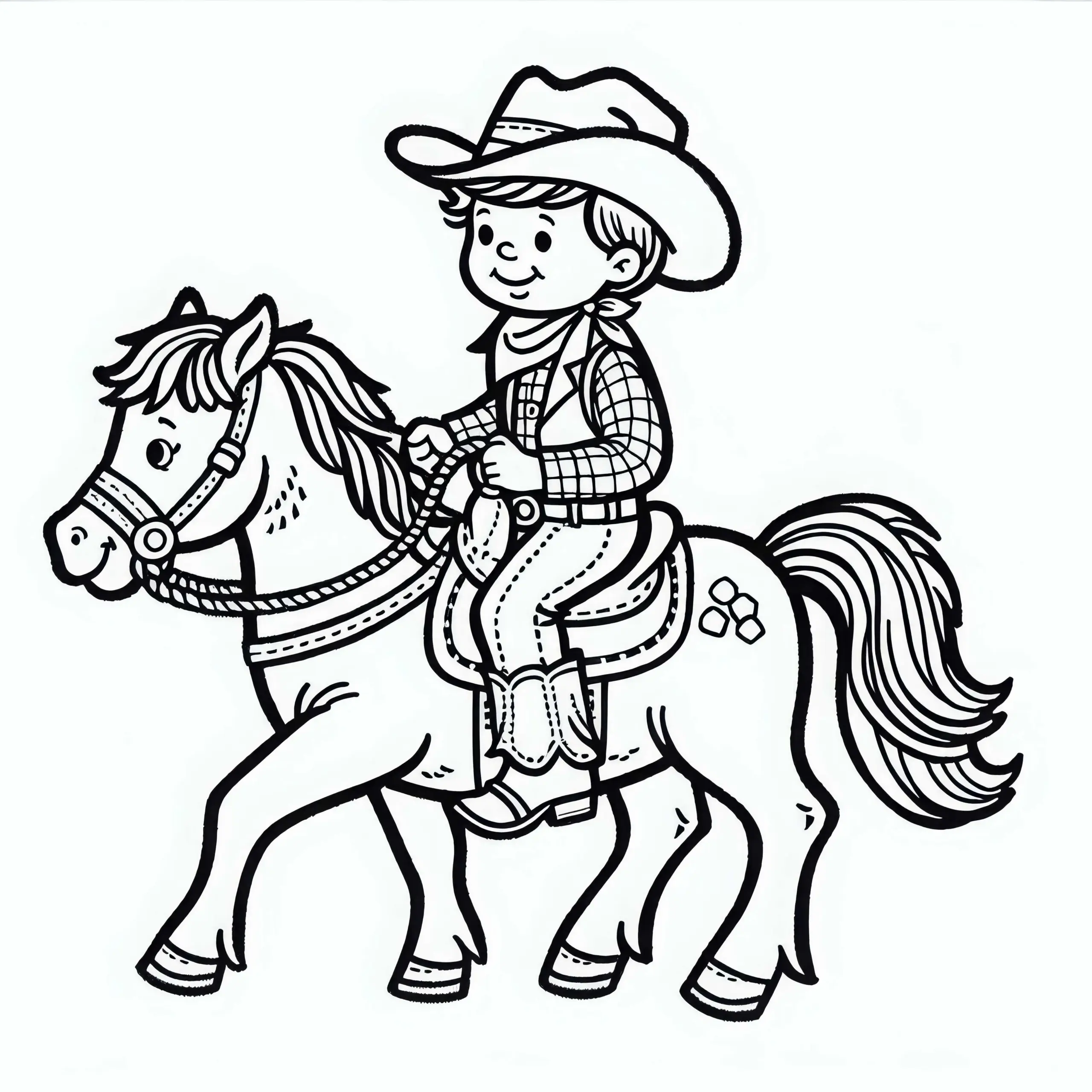 Cowboy auf Pony – Malvorlage für Jungs ab drei kostenlos (Ausmalbild)