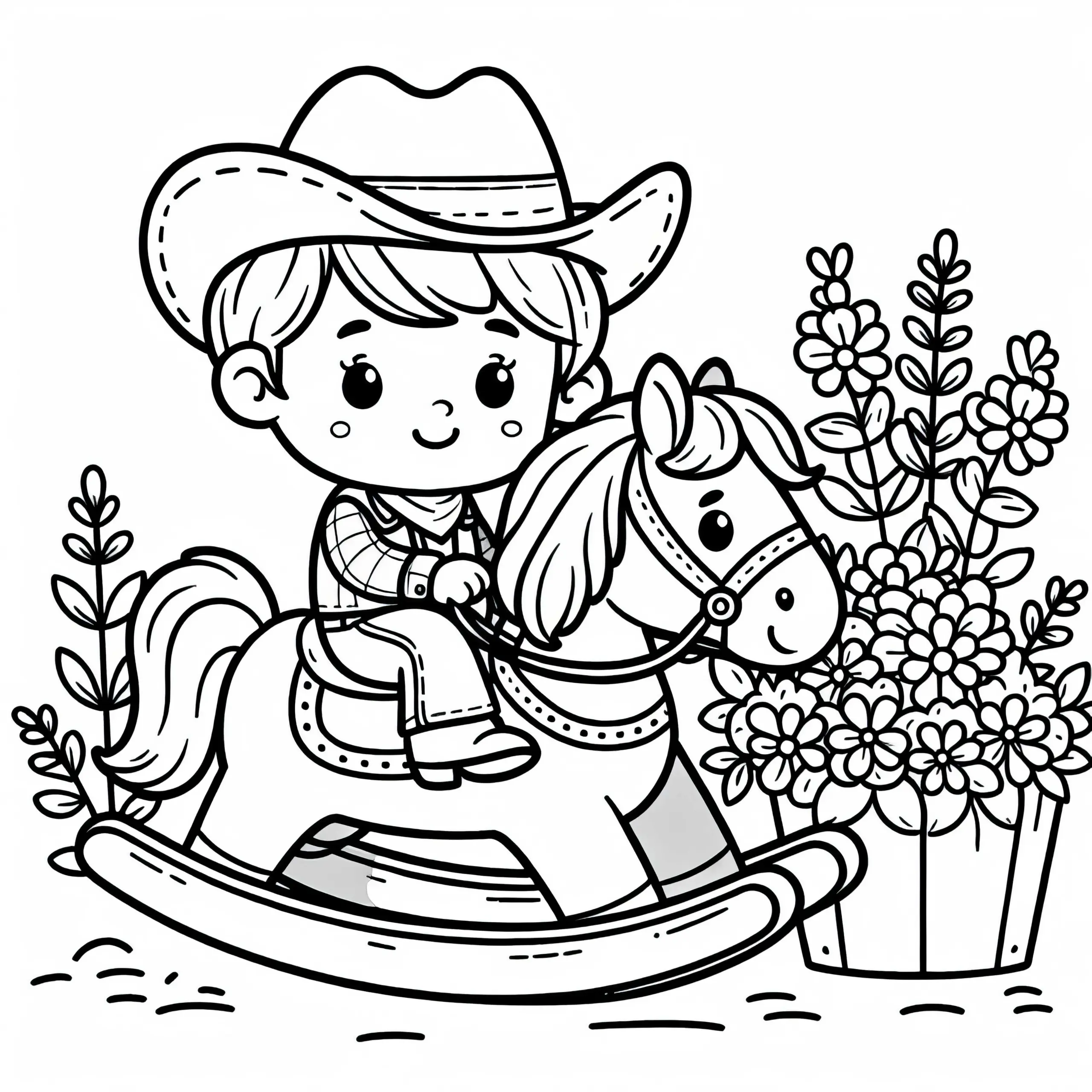 Cowboy-Kind sitzt stolz mit Hut auf Schaukelpferd – Ausmalbild gratis