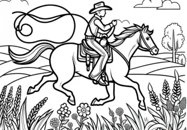 Cowboy reitet mit Lasso durch die Prärie – Ausmalbild gratis
