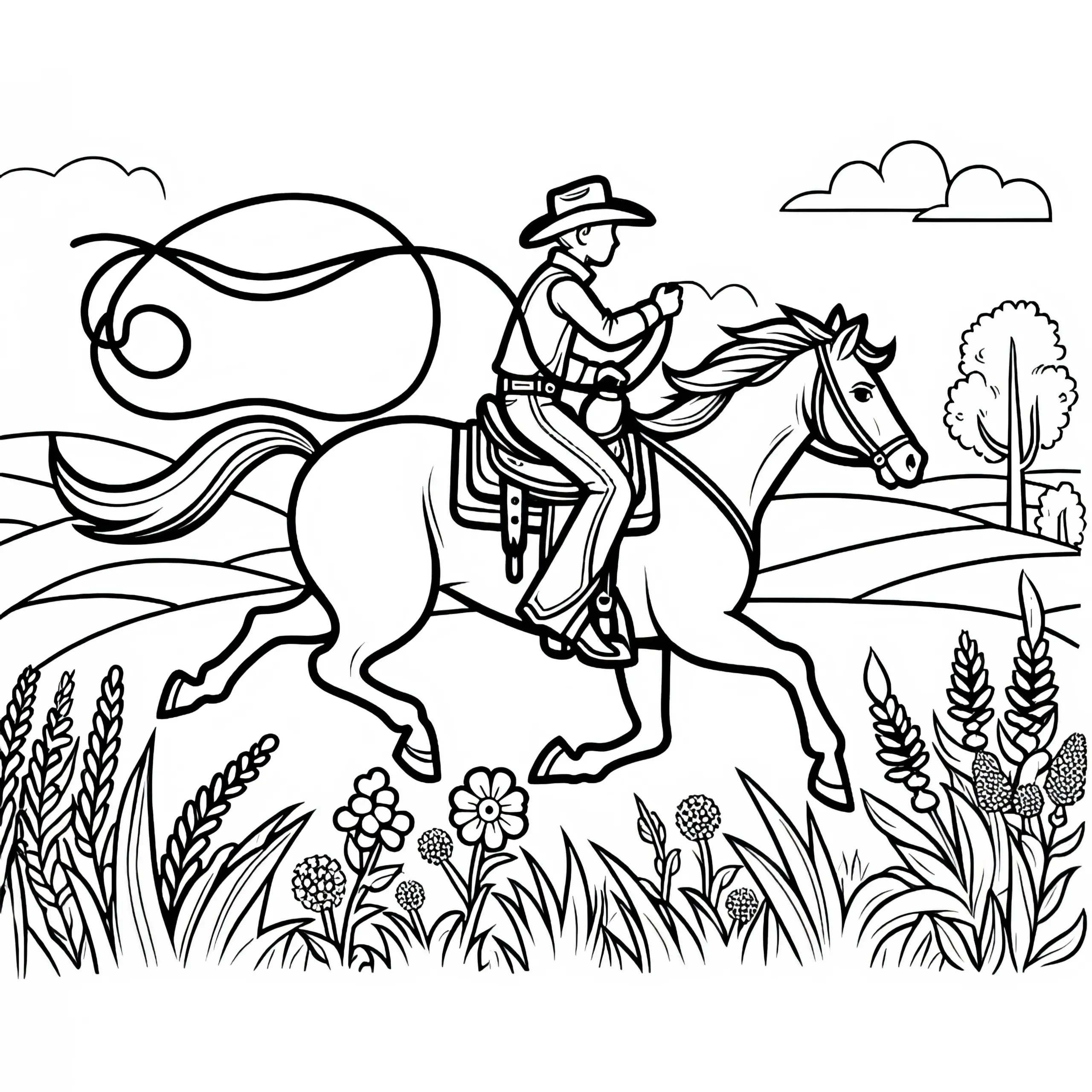 Cowboy reitet mit Lasso durch die Prärie – Ausmalbild gratis