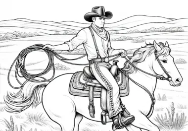 Cowboy reitet mit Lasso durch die Prärie – Malvorlage detailreich kostenlos