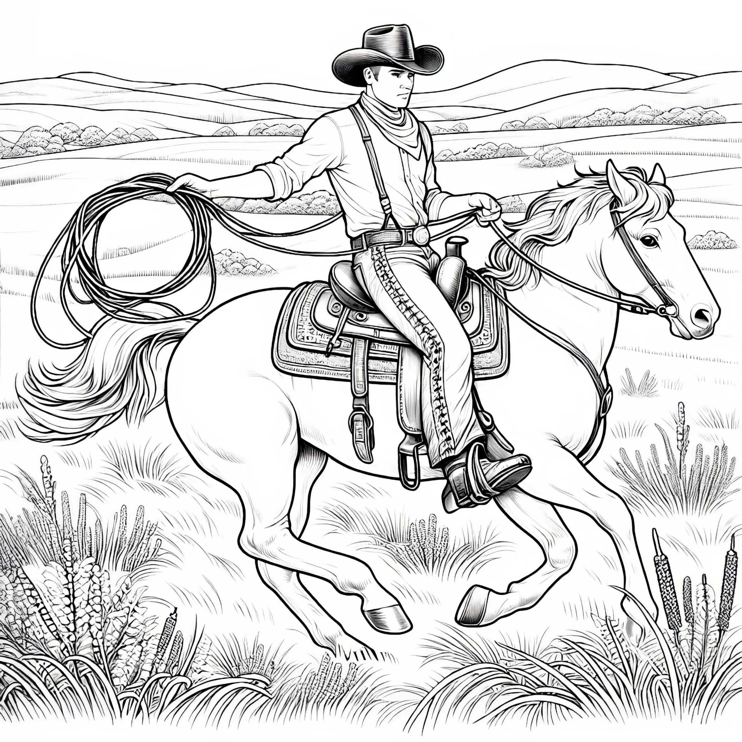 Cowboy reitet mit Lasso durch die Prärie – Malvorlage detailreich kostenlos (Ausmalbild)